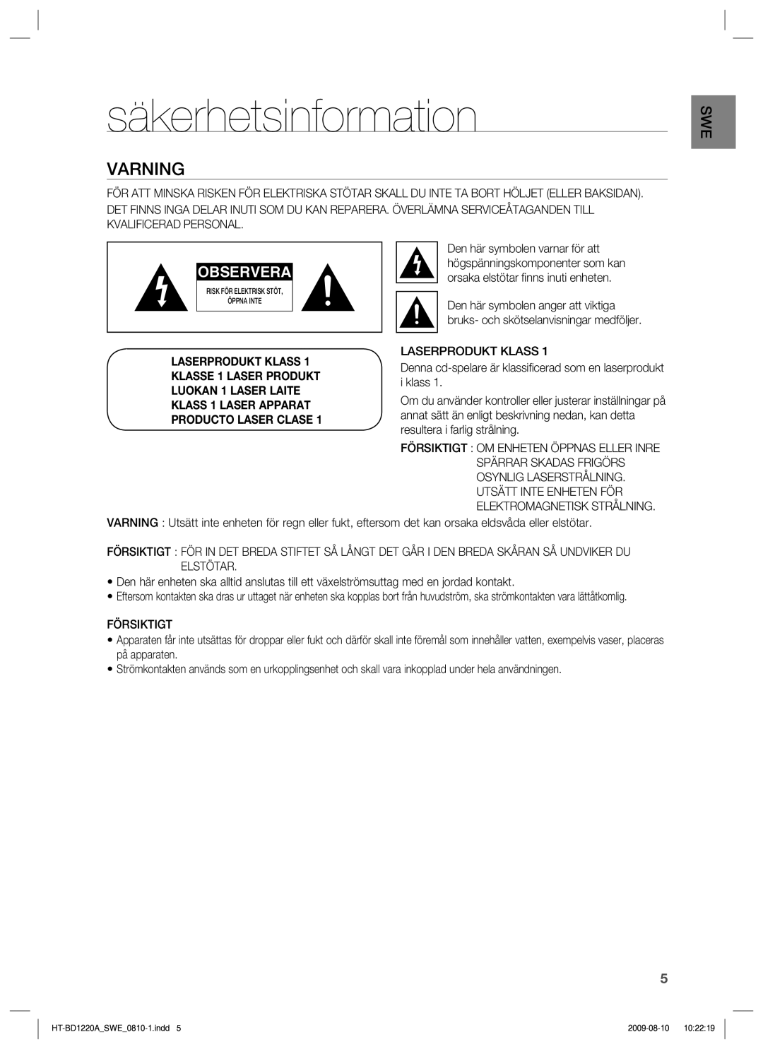 Samsung HT-BD1220R/XEE manual Säkerhetsinformation, Varning, Laserprodukt Klass, Försiktigt 