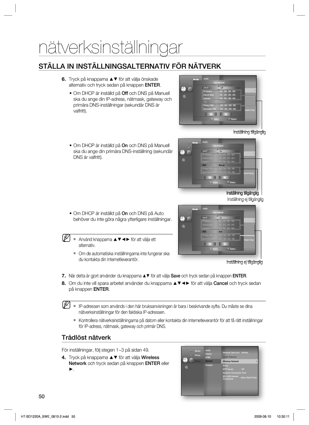 Samsung HT-BD1220R/XEE manual Trådlöst nätverk,  Använd knapparna för att välja ett alternativ, Inställning tillgänglig 