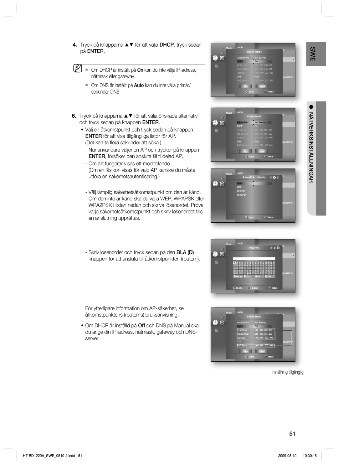 Samsung HT-BD1220R/XEE manual Det kan ta ﬂ era sekunder att söka, Display Wireless Network 