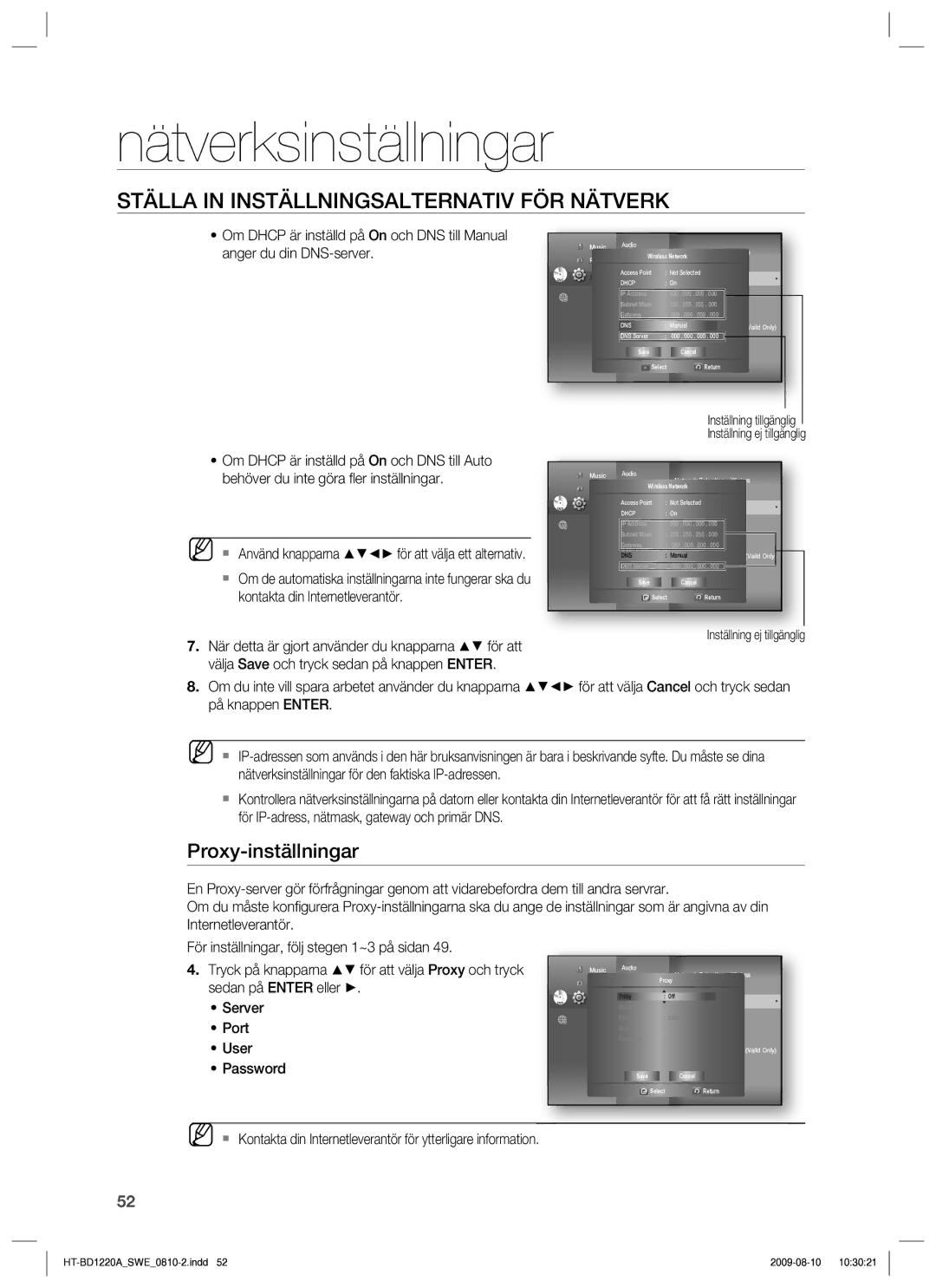 Samsung HT-BD1220R/XEE manual Proxy-inställningar 