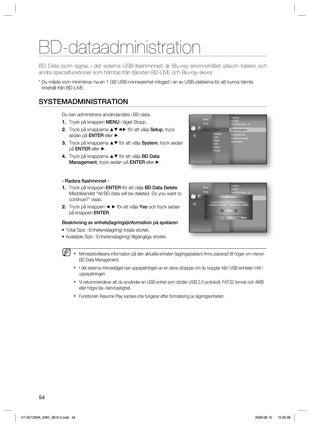 Samsung HT-BD1220R/XEE manual BD-dataadministration, Systemadministration 