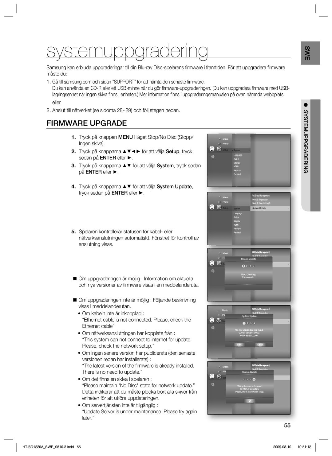 Samsung HT-BD1220R/XEE manual Systemuppgradering, Firmware Upgrade, Tryck på knappen Menu i läget Stop/No Disc Stopp 