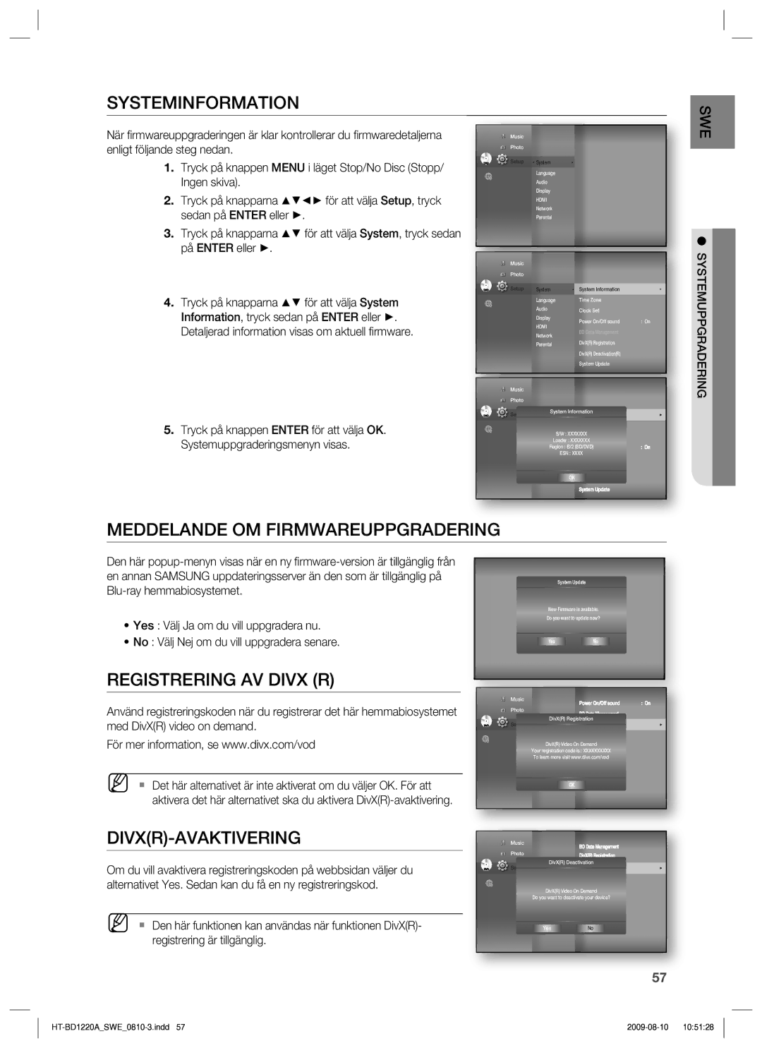 Samsung HT-BD1220R/XEE Systeminformation, Meddelande OM Firmwareuppgradering, Registrering AV Divx R, Divxr-Avaktivering 