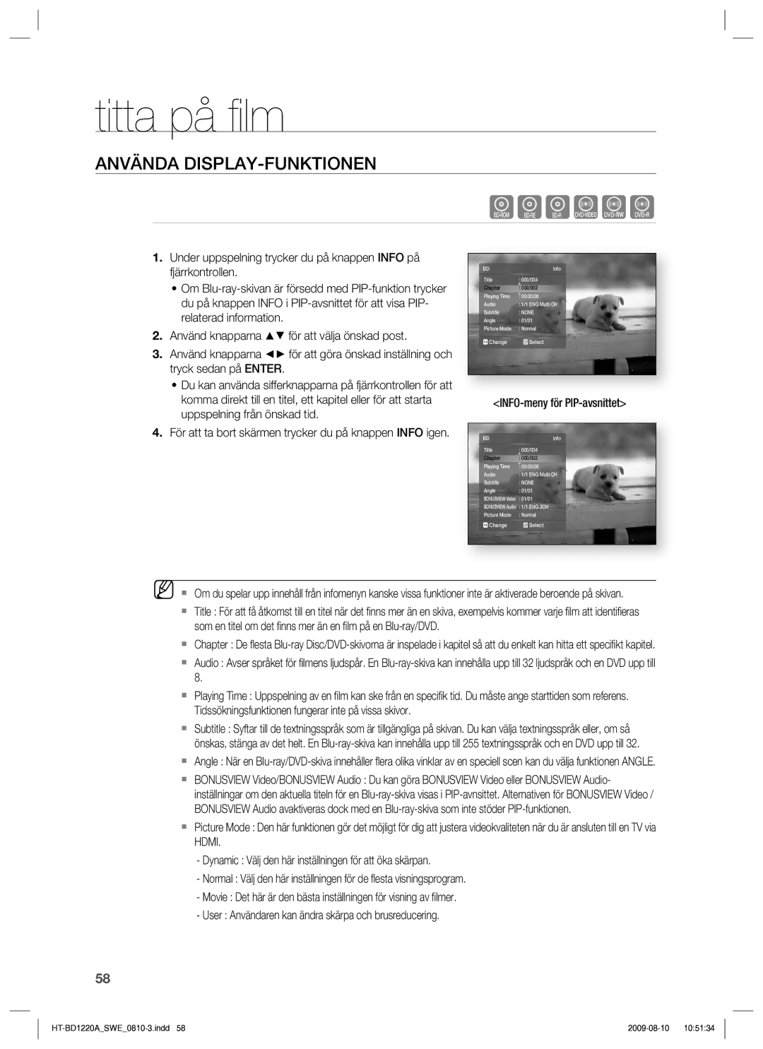 Samsung HT-BD1220R/XEE manual Titta på ﬁ lm, Använda DISPLAY-FUNKTIONEN, INFO-meny för PIP-avsnittet 