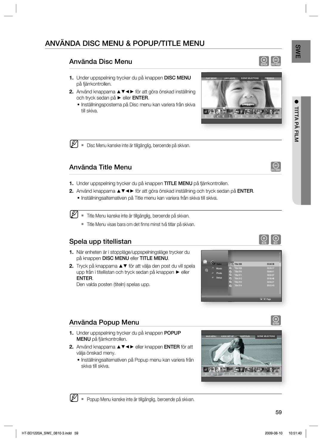 Samsung HT-BD1220R/XEE manual Använda Disc Menu & POPUP/TITLE Menu, Använda Title Menu, Titta PÅ Film 