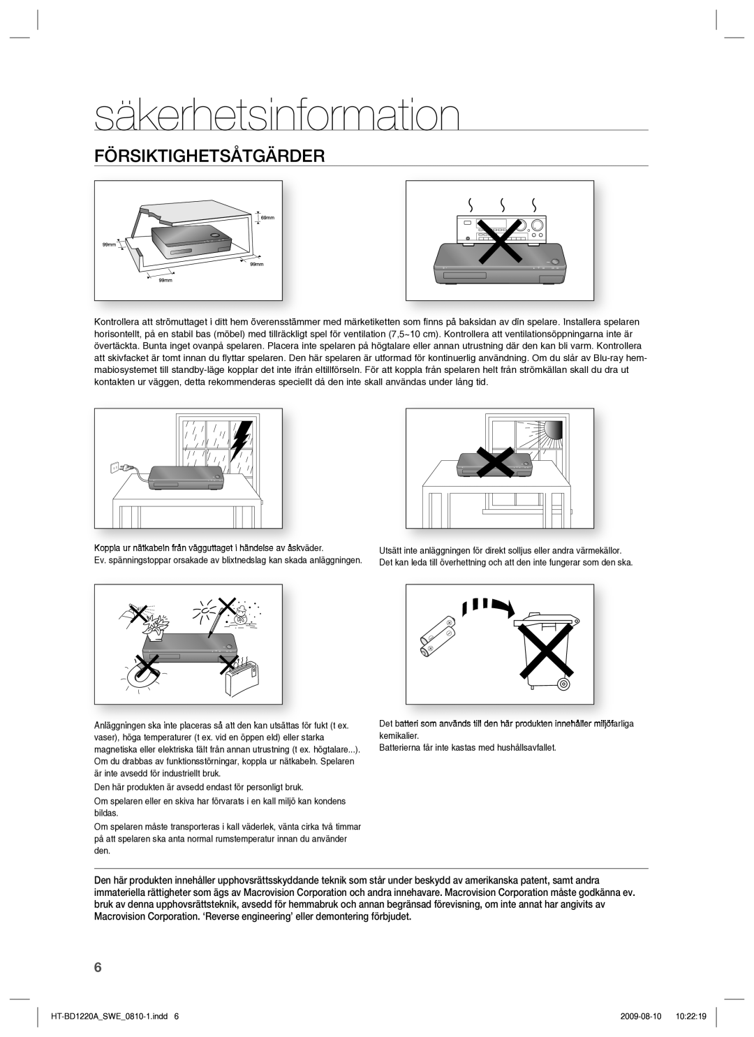 Samsung HT-BD1220R/XEE manual Försiktighetsåtgärder 