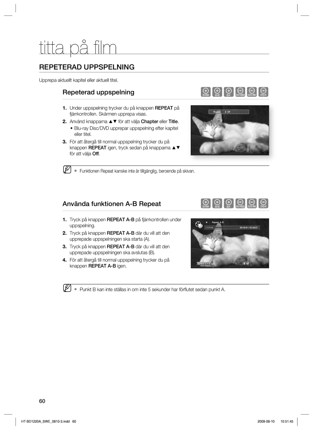 Samsung HT-BD1220R/XEE manual Repeterad Uppspelning, Repeterad uppspelning, Använda funktionen A-B Repeat 