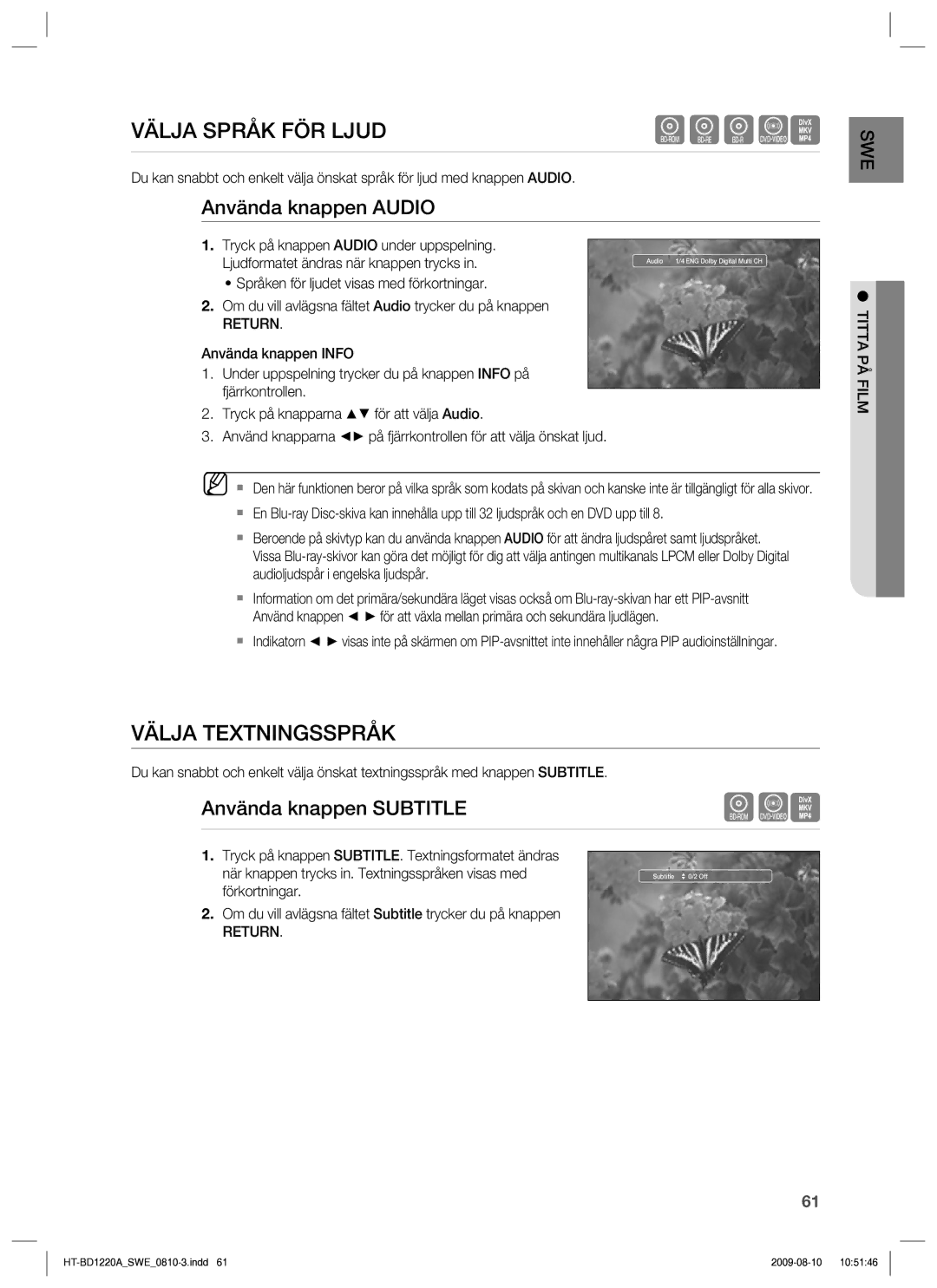 Samsung HT-BD1220R/XEE Välja Språk FÖR Ljud, Välja Textningsspråk, Använda knappen Audio, Använda knappen Subtitle, Return 