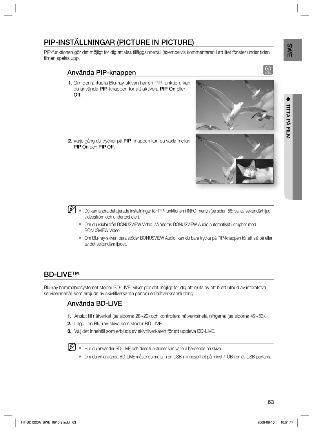 Samsung HT-BD1220R/XEE manual PIP-INSTÄLLNINGAR Picture in Picture, Bd-Live, Använda PIP-knappen, Använda BD-LIVE 