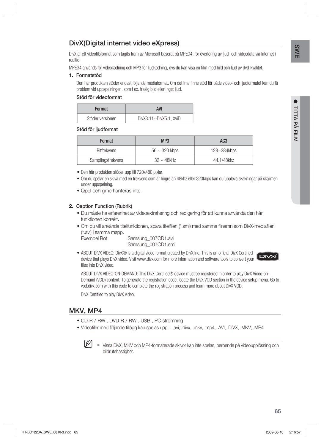 Samsung HT-BD1220R/XEE manual DivXDigital internet video eXpress, Avi 