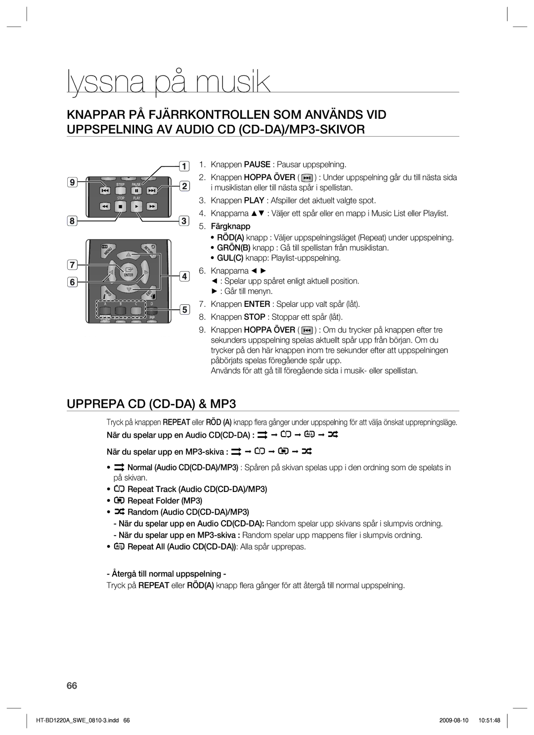 Samsung HT-BD1220R/XEE manual Lyssna på musik, Upprepa CD CD-DA & MP3 