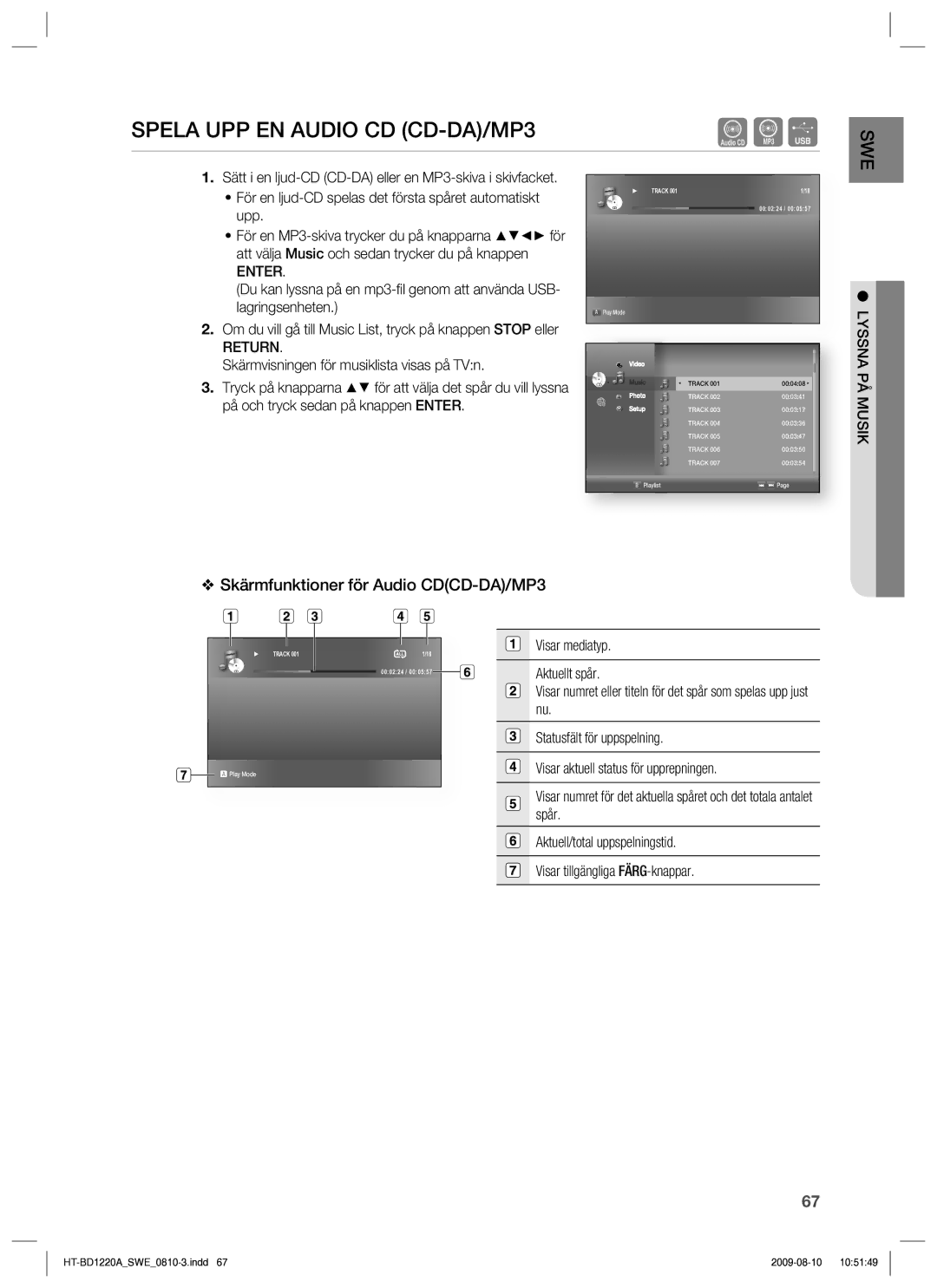 Samsung HT-BD1220R/XEE manual Spela UPP EN Audio CD CD-DA/MP3, Skärmfunktioner för Audio CDCD-DA/MP3, Lyssna PÅ Musik 