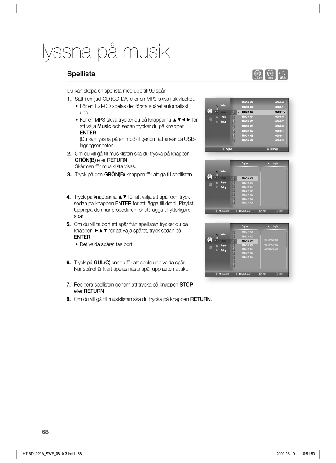 Samsung HT-BD1220R/XEE manual Spellista, Du kan skapa en spellista med upp till 99 spår, Det valda spåret tas bort 