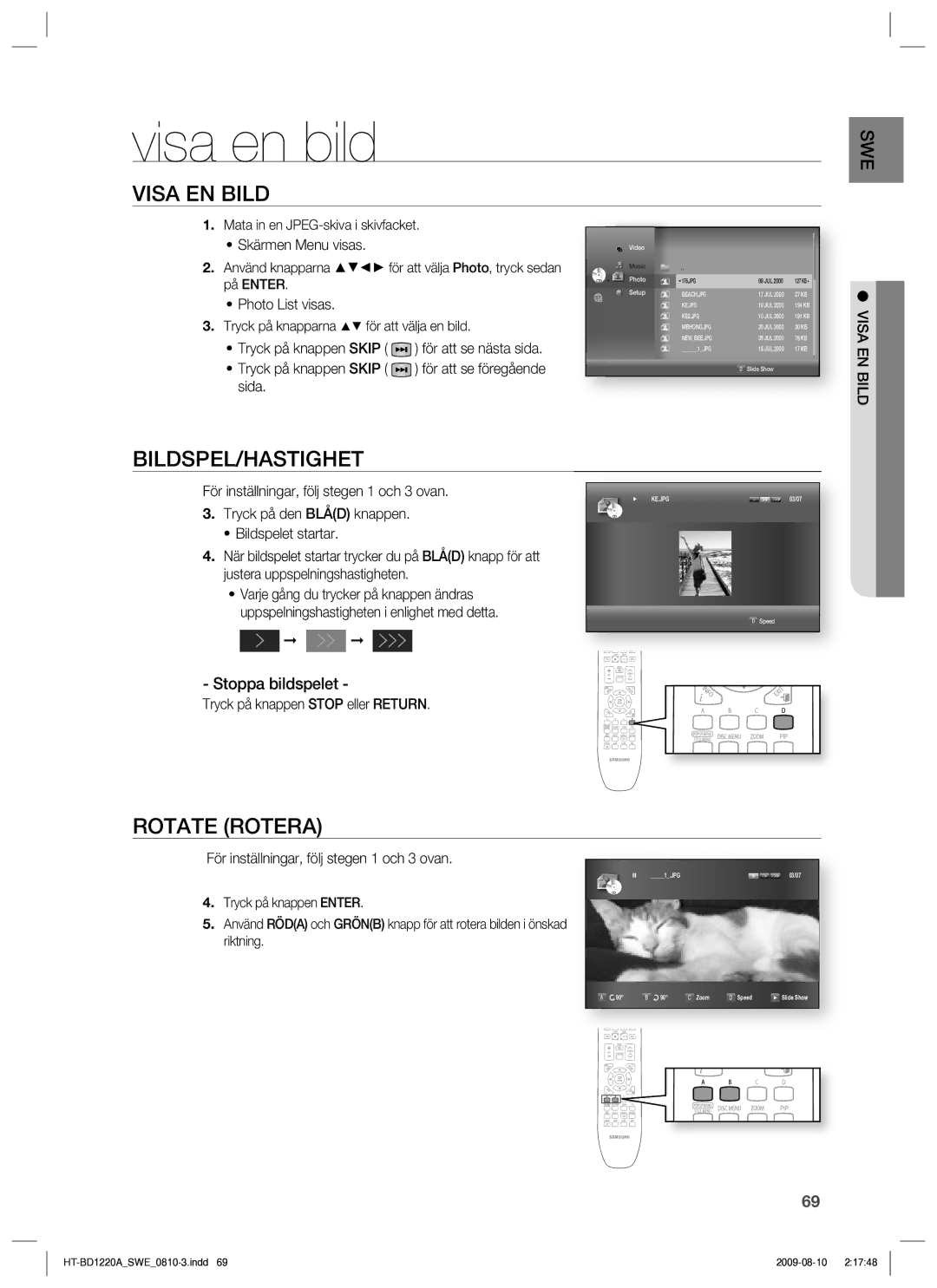 Samsung HT-BD1220R/XEE manual Visa en bild, Visa EN Bild, Bildspel/Hastighet, Rotate Rotera, Stoppa bildspelet 