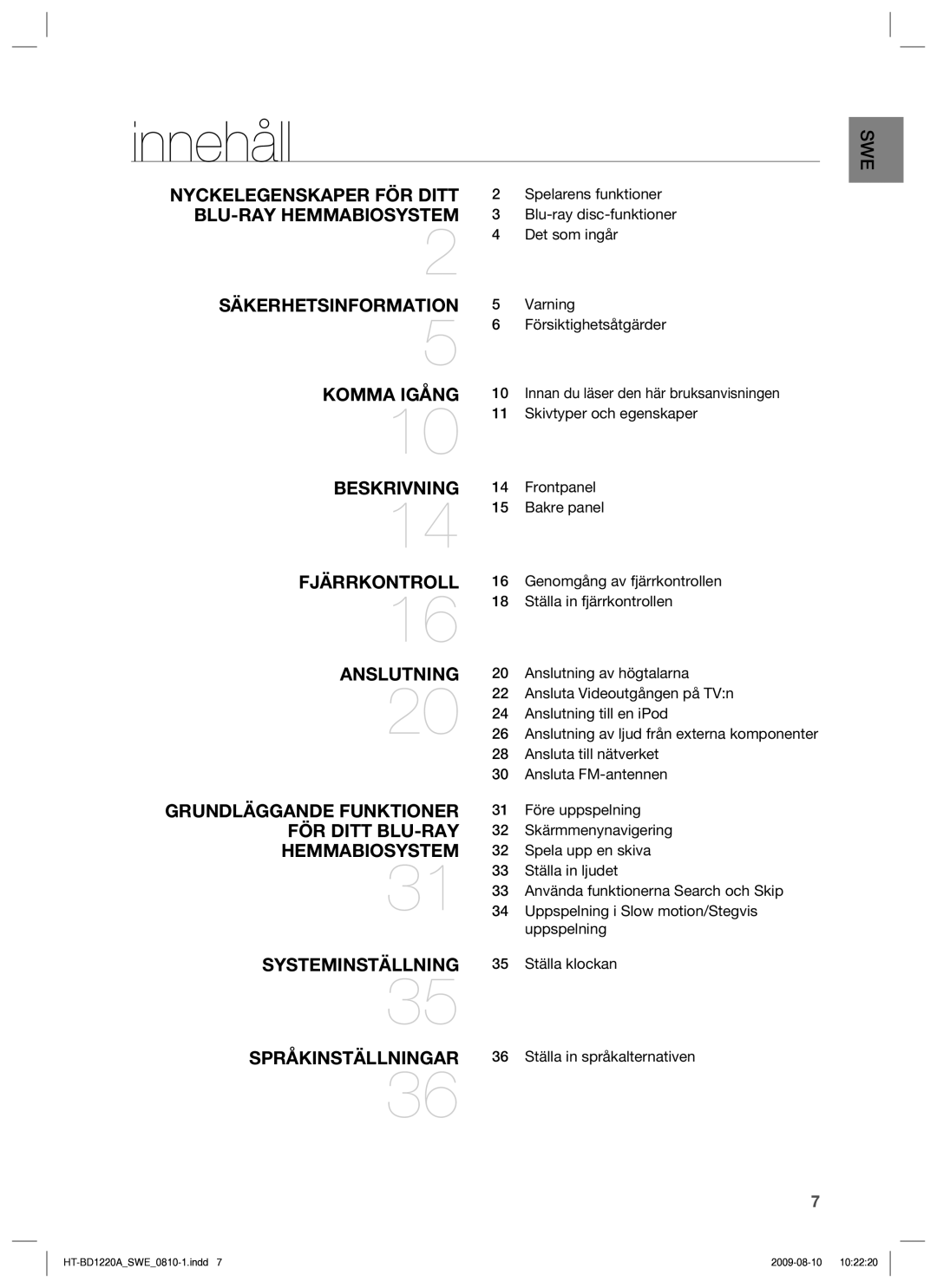 Samsung HT-BD1220R/XEE manual Innehåll 