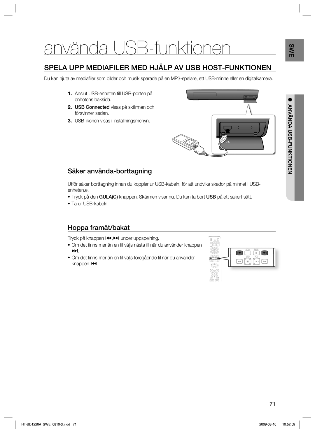 Samsung HT-BD1220R/XEE manual Använda USB-funktionen, Spela UPP Mediafiler MED Hjälp AV USB HOST-FUNKTIONEN 