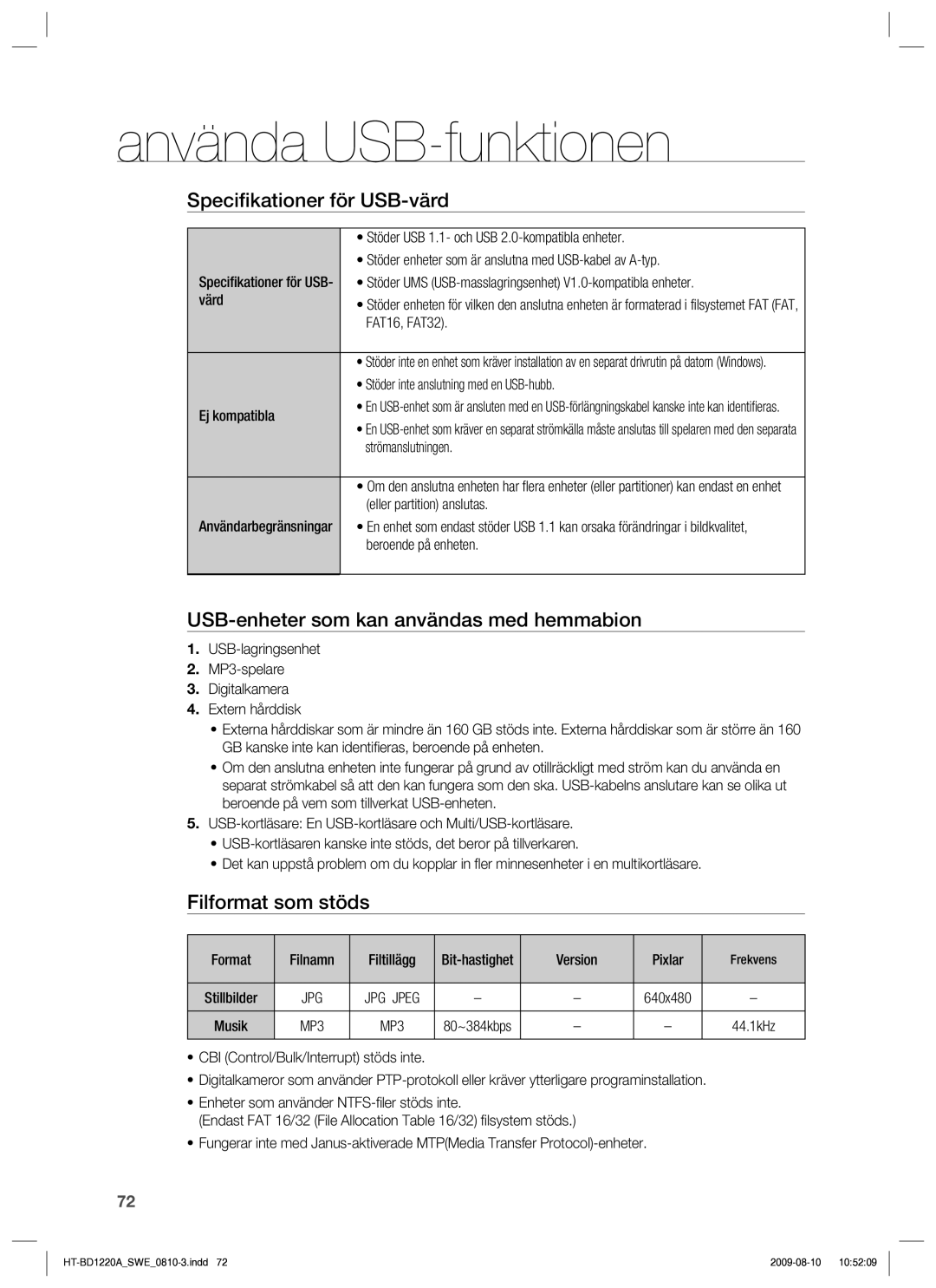 Samsung HT-BD1220R/XEE manual Speciﬁkationer för USB-värd, USB-enheter som kan användas med hemmabion, Filformat som stöds 