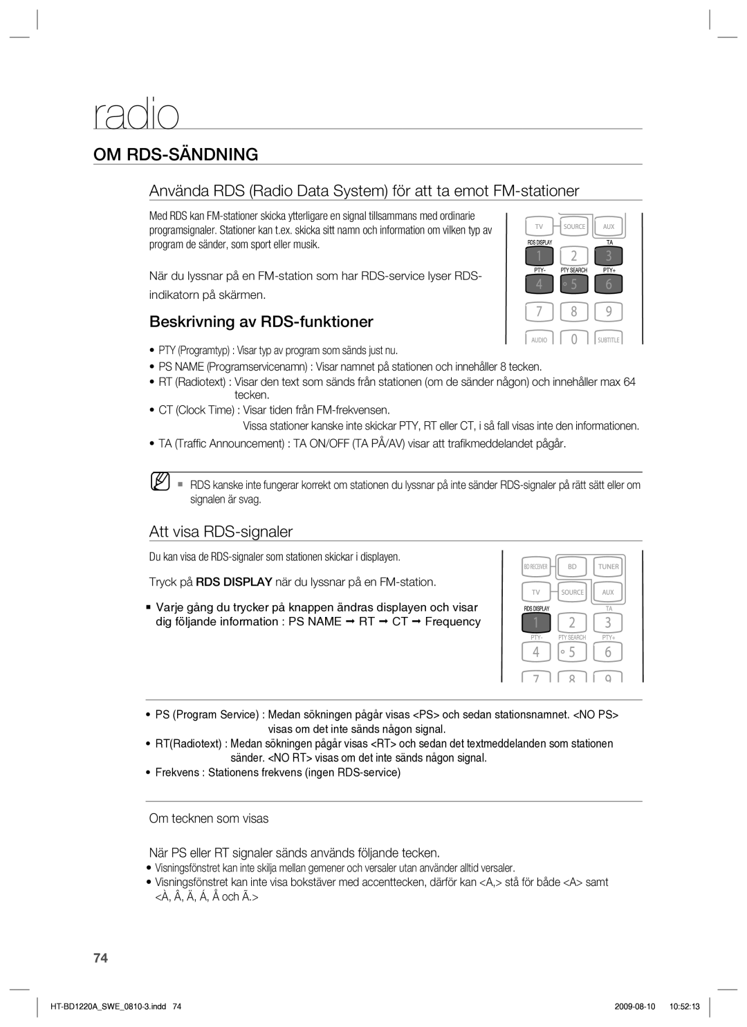 Samsung HT-BD1220R/XEE Om Rds-Sändning, Använda RDS Radio Data System för att ta emot FM-stationer, Att visa RDS-signaler 