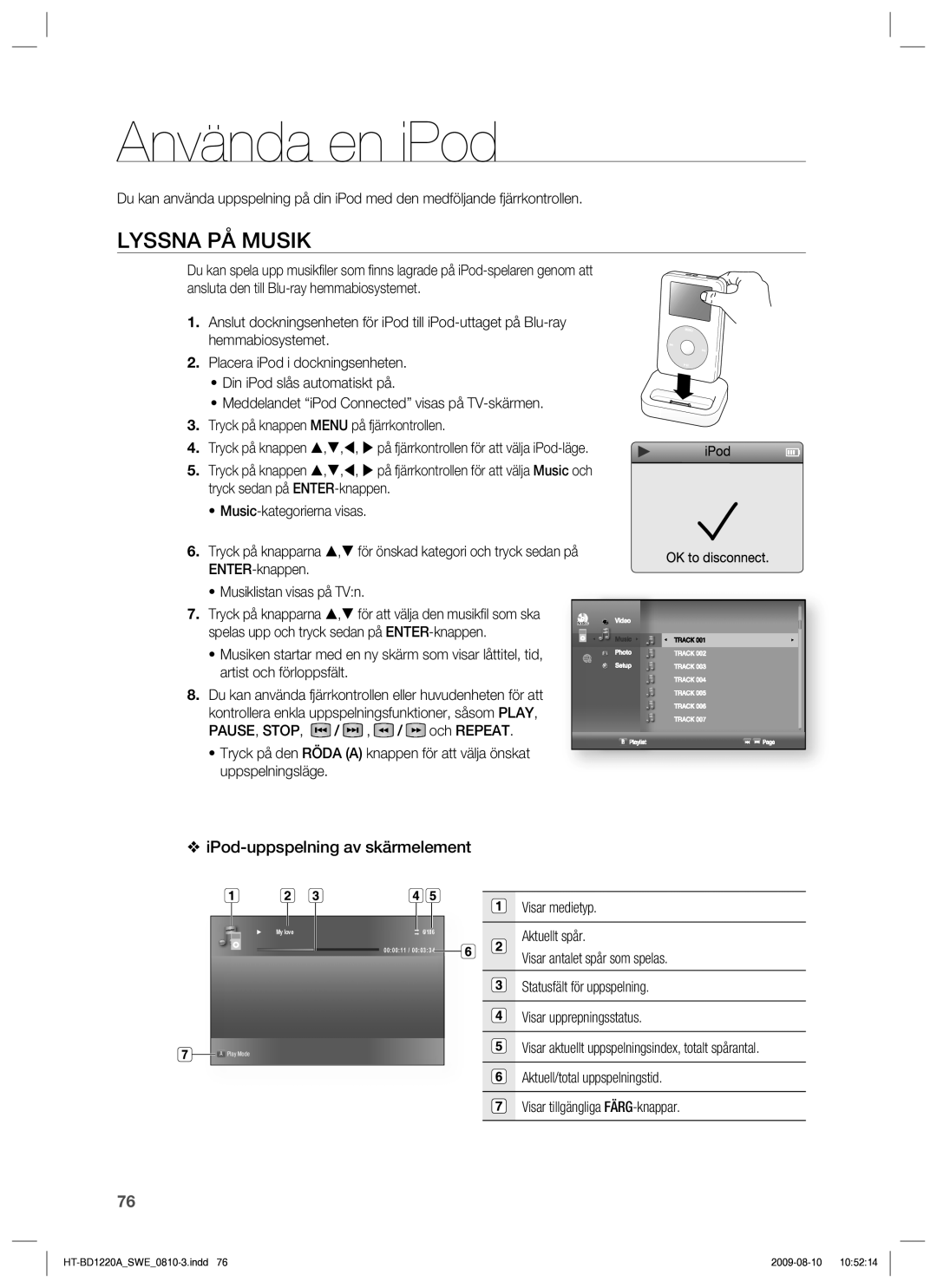 Samsung HT-BD1220R/XEE manual Använda en iPod, Lyssna PÅ Musik, IPod-uppspelning av skärmelement 