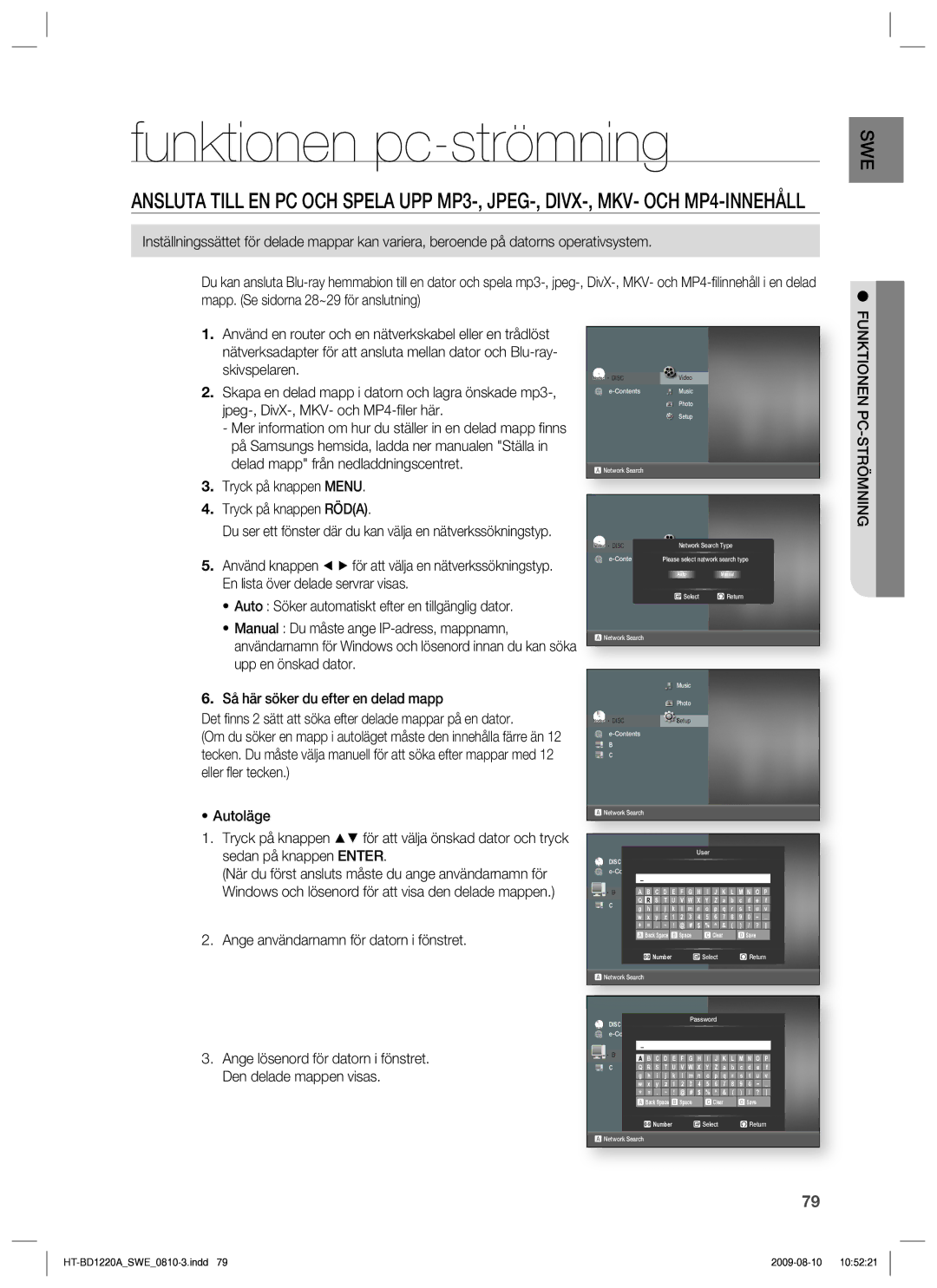 Samsung HT-BD1220R/XEE manual Funktionen pc-strömning, Tryck på knappen Menu Tryck på knappen Röda, Funktionen PC-STRÖMNING 