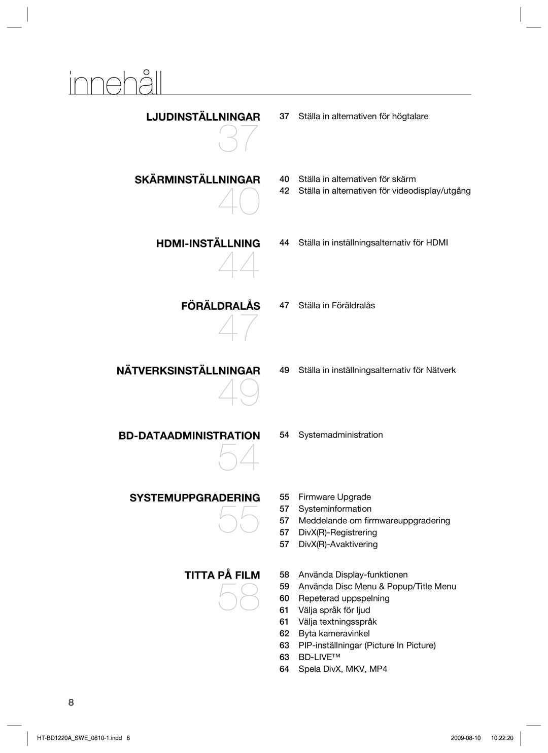 Samsung HT-BD1220R/XEE manual Ställa in alternativen för högtalare, Ställa in alternativen för skärm, Ställa in Föräldralås 