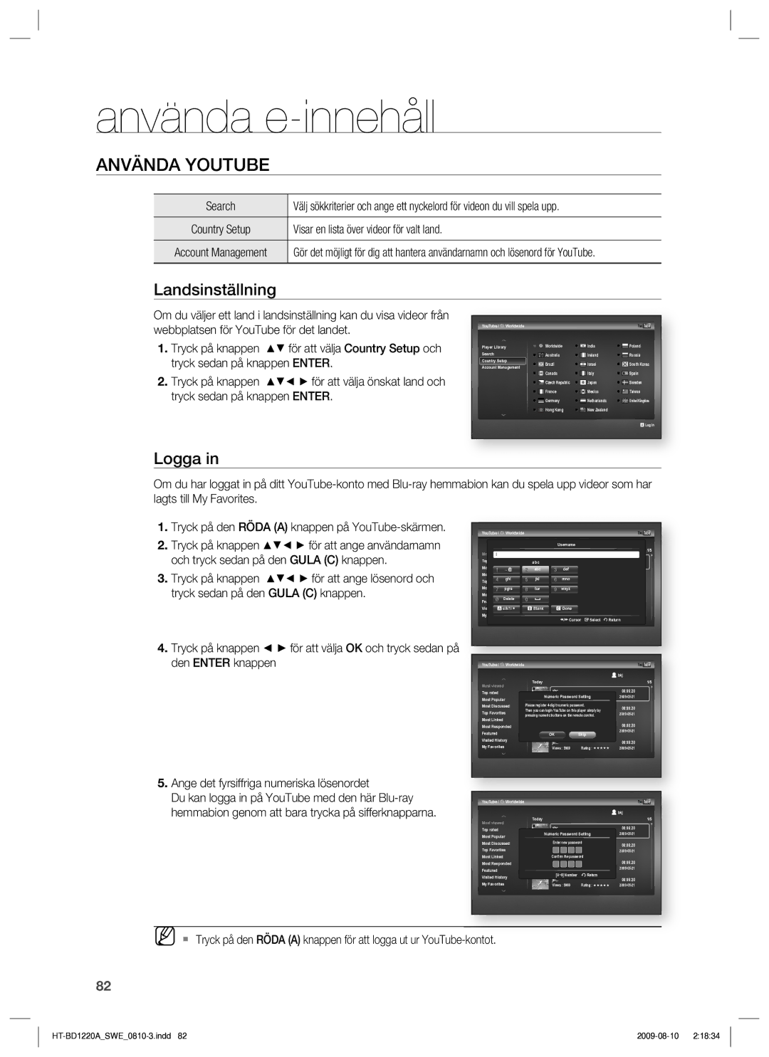 Samsung HT-BD1220R/XEE manual Landsinställning, Logga, Visar en lista över videor för valt land 