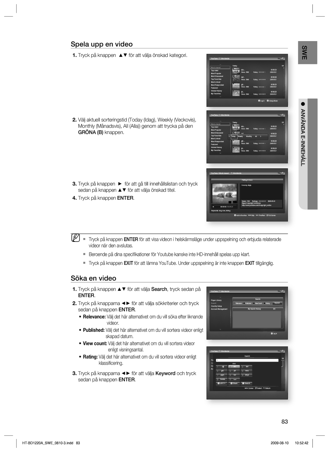 Samsung HT-BD1220R/XEE manual Spela upp en video, Söka en video, Tryck på knappen Enter 