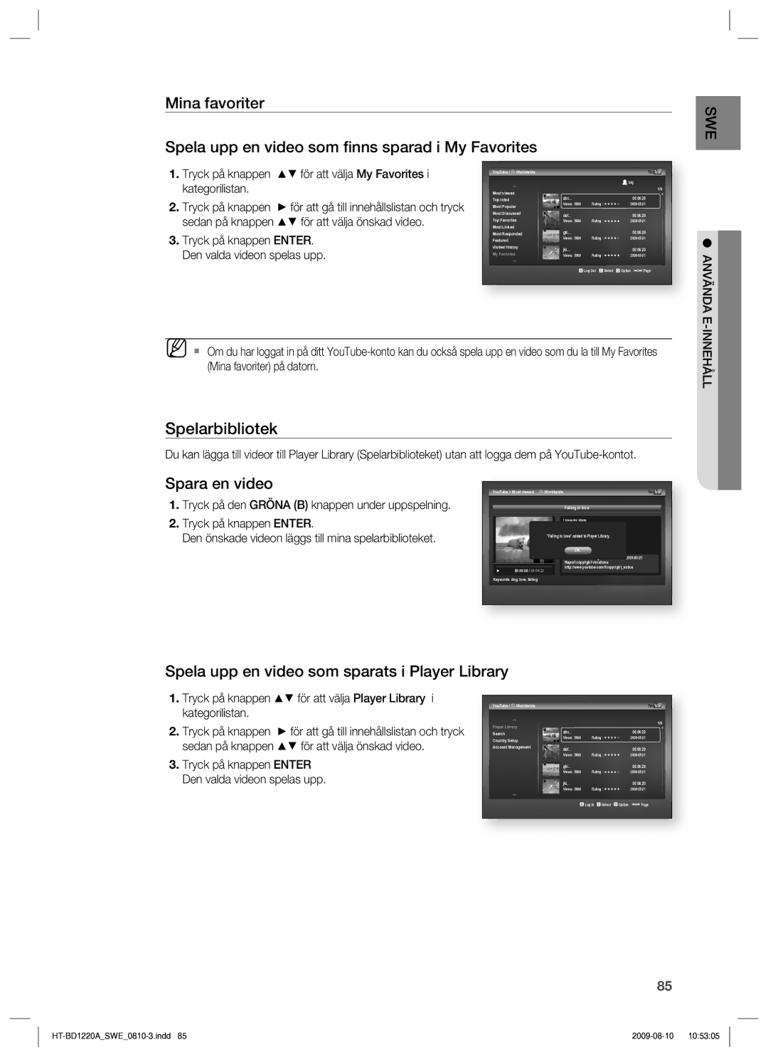 Samsung HT-BD1220R/XEE manual Spelarbibliotek, Den valda videon spelas upp 