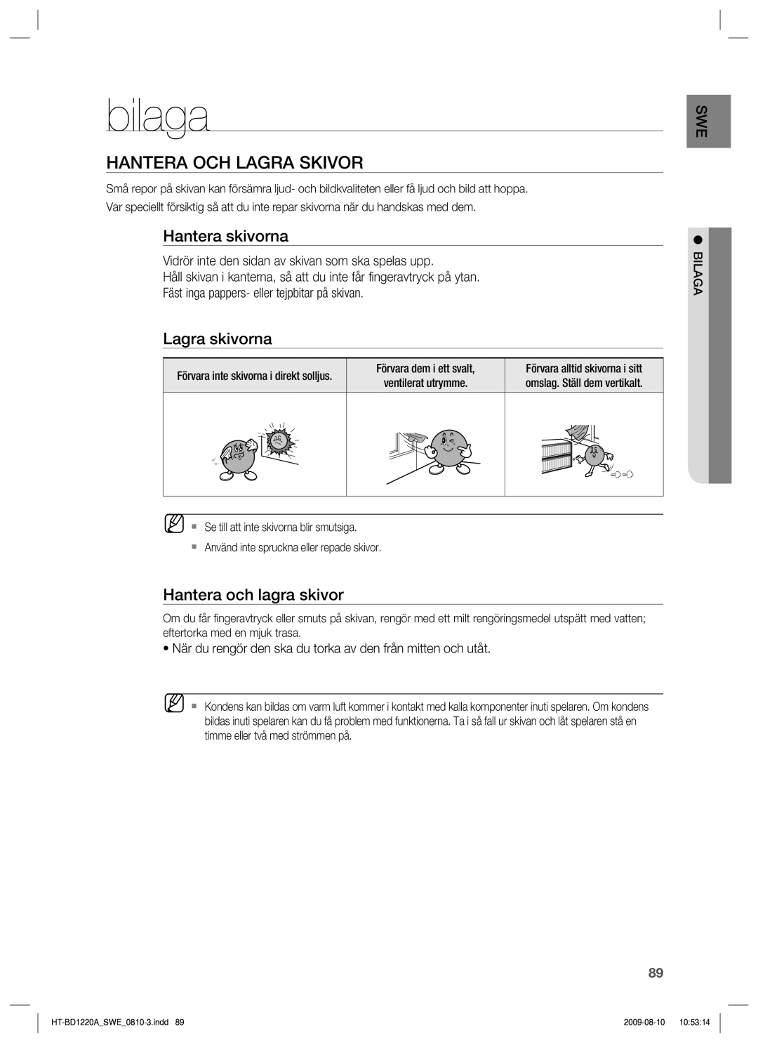 Samsung HT-BD1220R/XEE manual Bilaga, Hantera OCH Lagra Skivor, Hantera skivorna, Lagra skivorna, Hantera och lagra skivor 