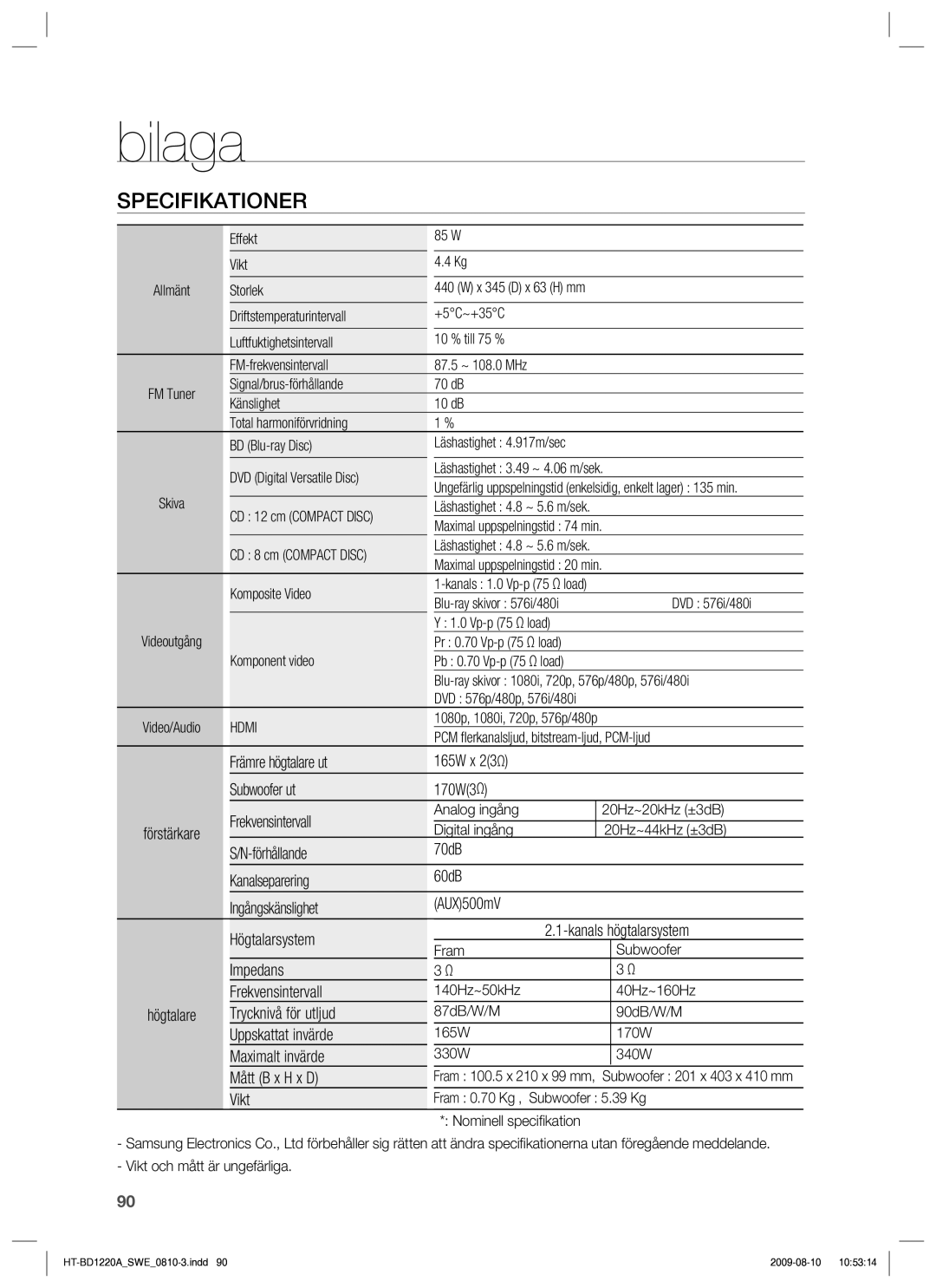 Samsung HT-BD1220R/XEE manual Specifikationer 