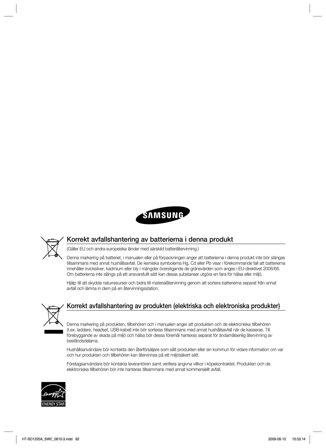 Samsung HT-BD1220R/XEE manual Korrekt avfallshantering av batterierna i denna produkt 