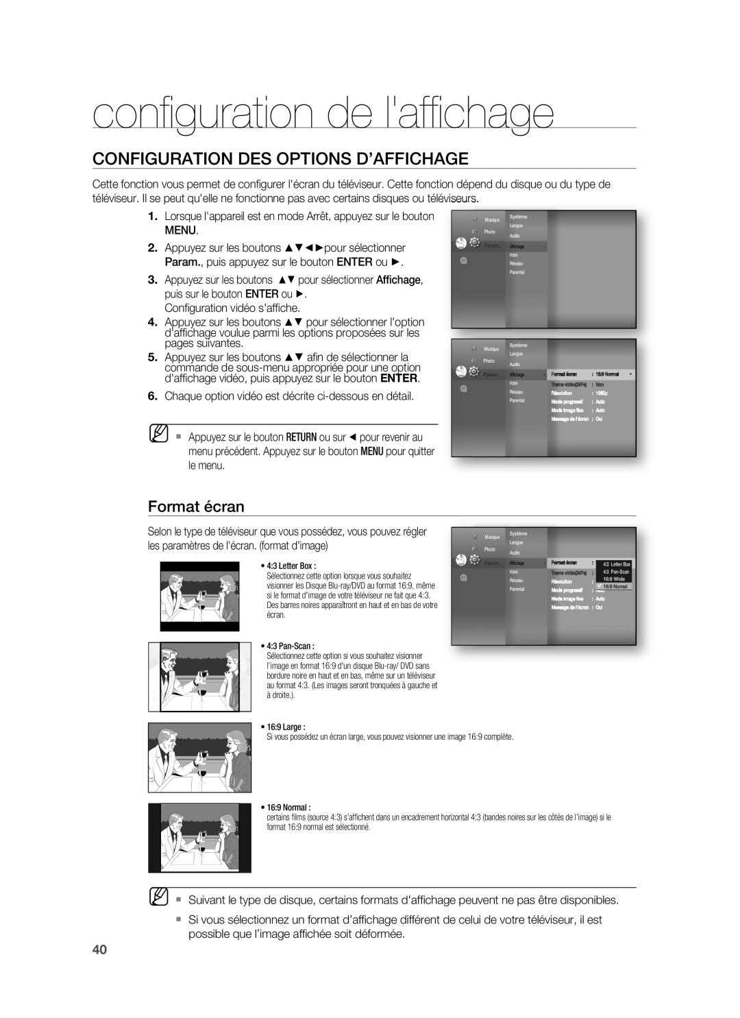 Samsung HT-BD1220R/XEF manual Conﬁguration de lafﬁchage, Configuration DES Options D’AFFICHAGE, Format écran 