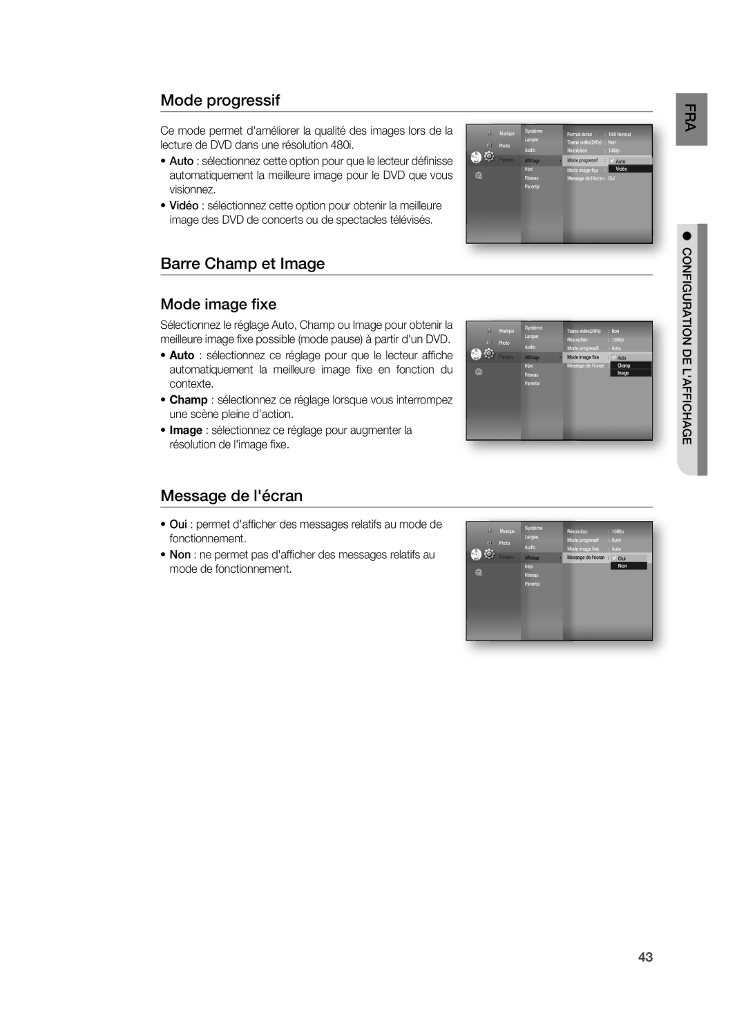 Samsung HT-BD1220R/XEF manual Mode progressif, Barre Champ et Image, Message de lécran, DE Laffichage 