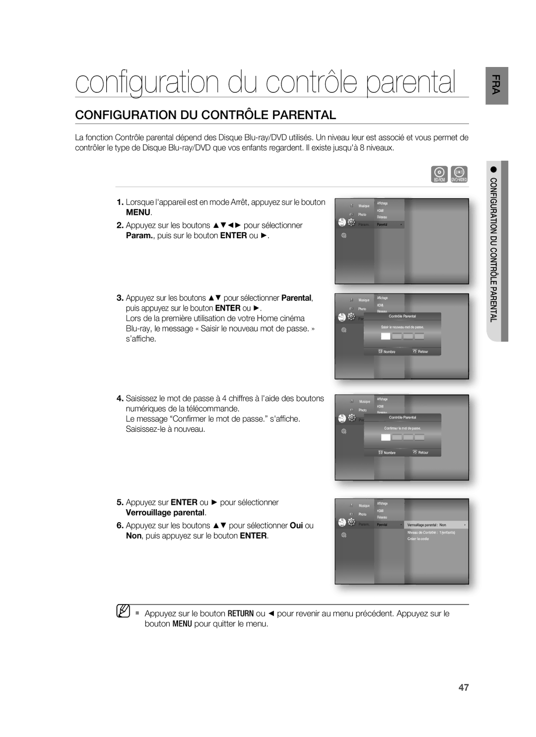 Samsung HT-BD1220R/XEF Configuration DU Contrôle Parental, ’afﬁche, Numériques de la télécommande, Saisissez-le à nouveau 