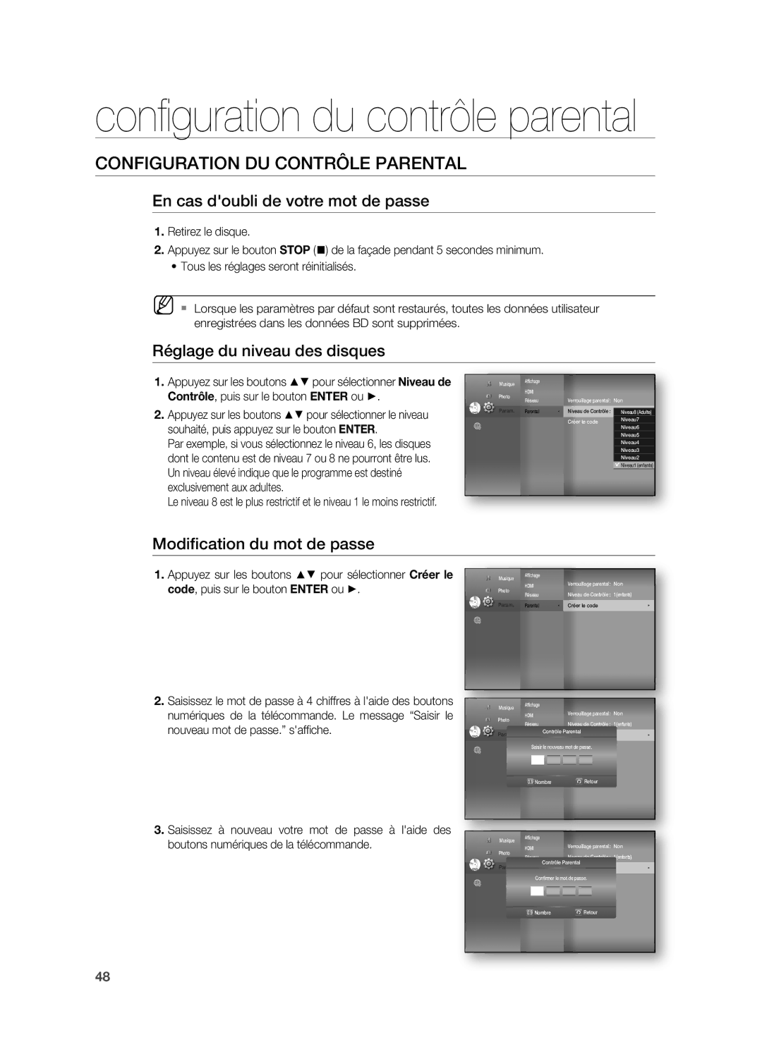 Samsung HT-BD1220R/XEF En cas doubli de votre mot de passe, Réglage du niveau des disques, Modiﬁcation du mot de passe 