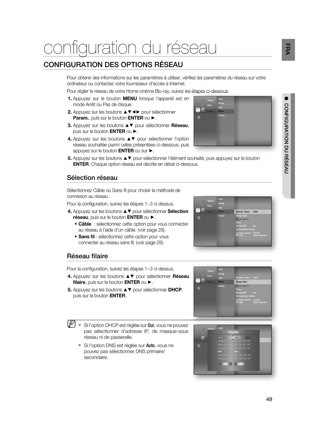 Samsung HT-BD1220R/XEF manual Conﬁguration du réseau, Configuration DES Options Réseau, Sélection réseau, Réseau ﬁlaire 