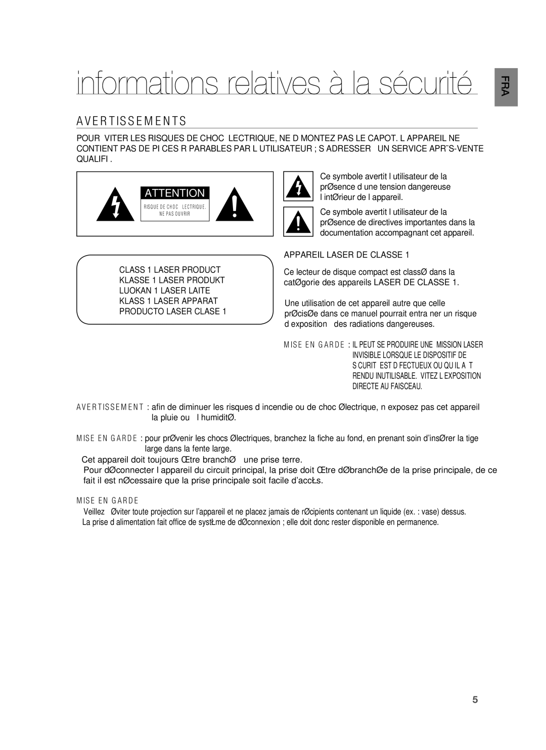 Samsung HT-BD1220R/XEF manual Avertissements, Mise EN Garde 