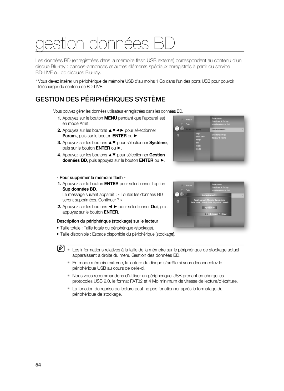 Samsung HT-BD1220R/XEF manual Gestion données BD, Gestion DES Périphériques Système 