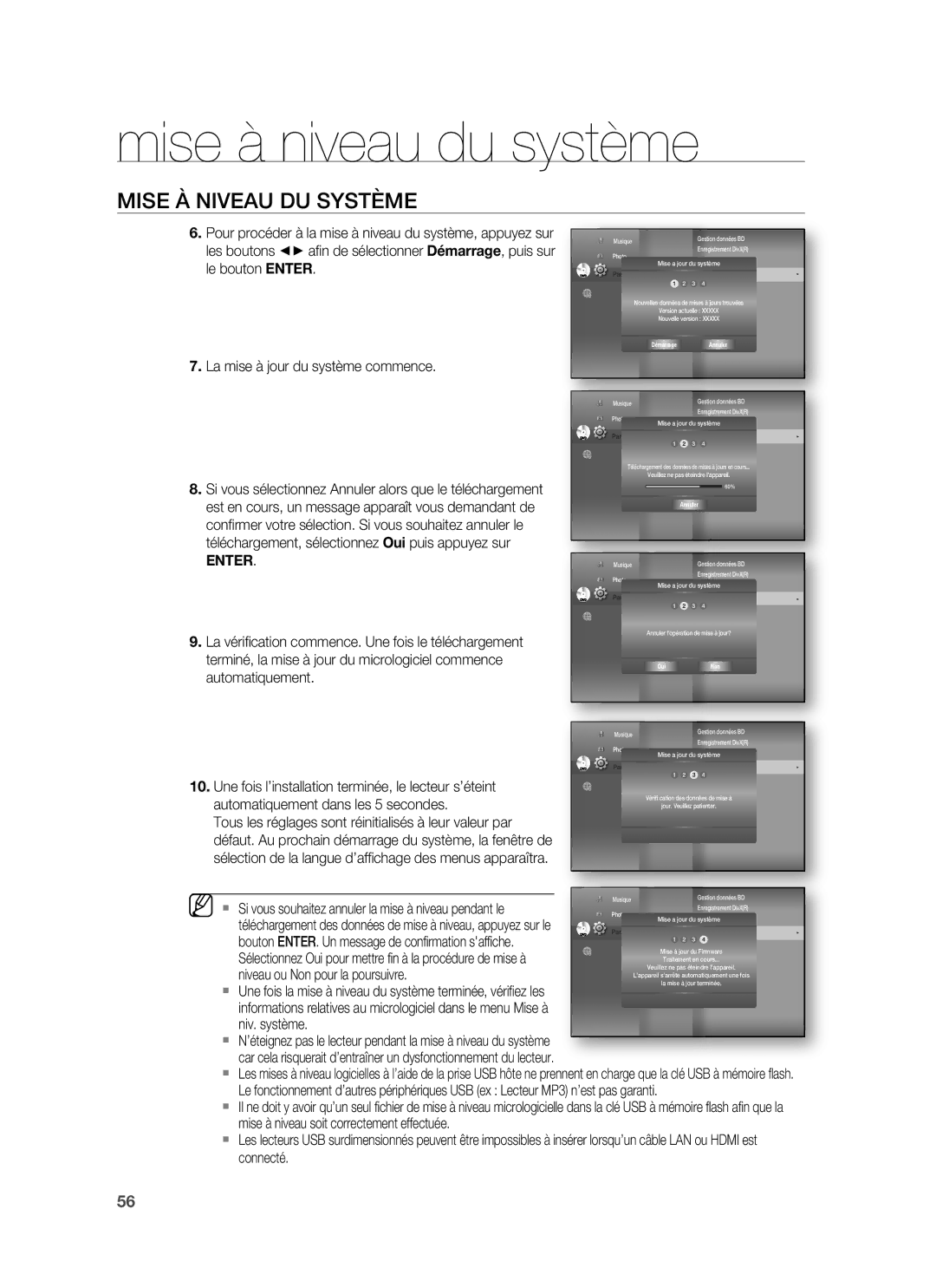 Samsung HT-BD1220R/XEF manual Mise À Niveau DU Système, La mise à jour du système commence 