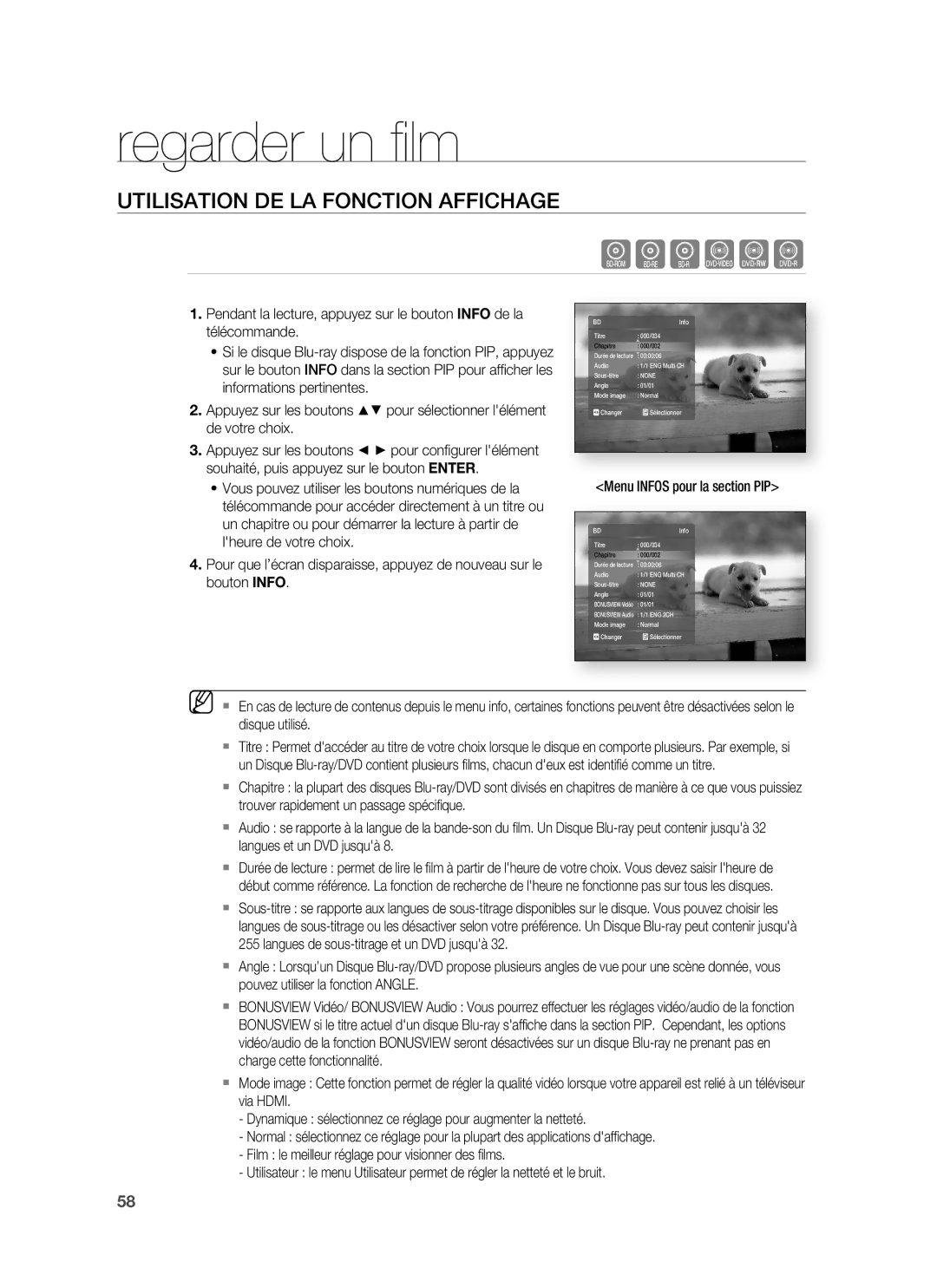 Samsung HT-BD1220R/XEF manual Regarder un ﬁ lm, Utilisation DE LA Fonction Affichage, Menu Infos pour la section PIP 