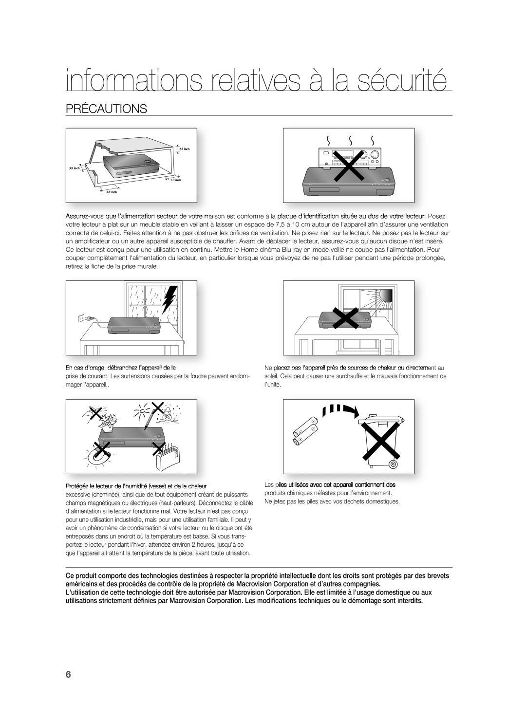 Samsung HT-BD1220R/XEF manual Informations relatives à la sécurité, Précautions 