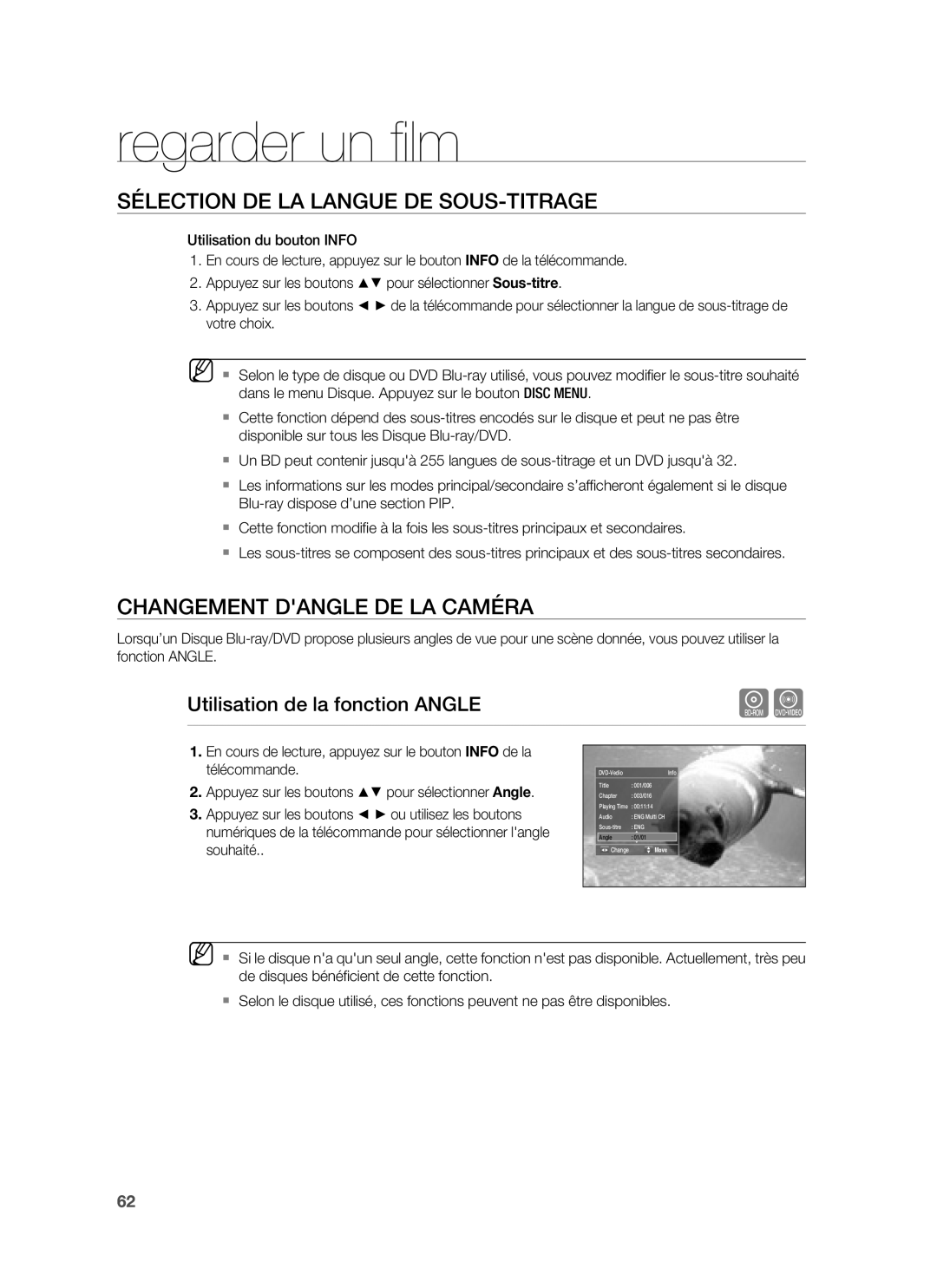 Samsung HT-BD1220R/XEF manual Changement Dangle DE LA Caméra, Utilisation de la fonction Angle 