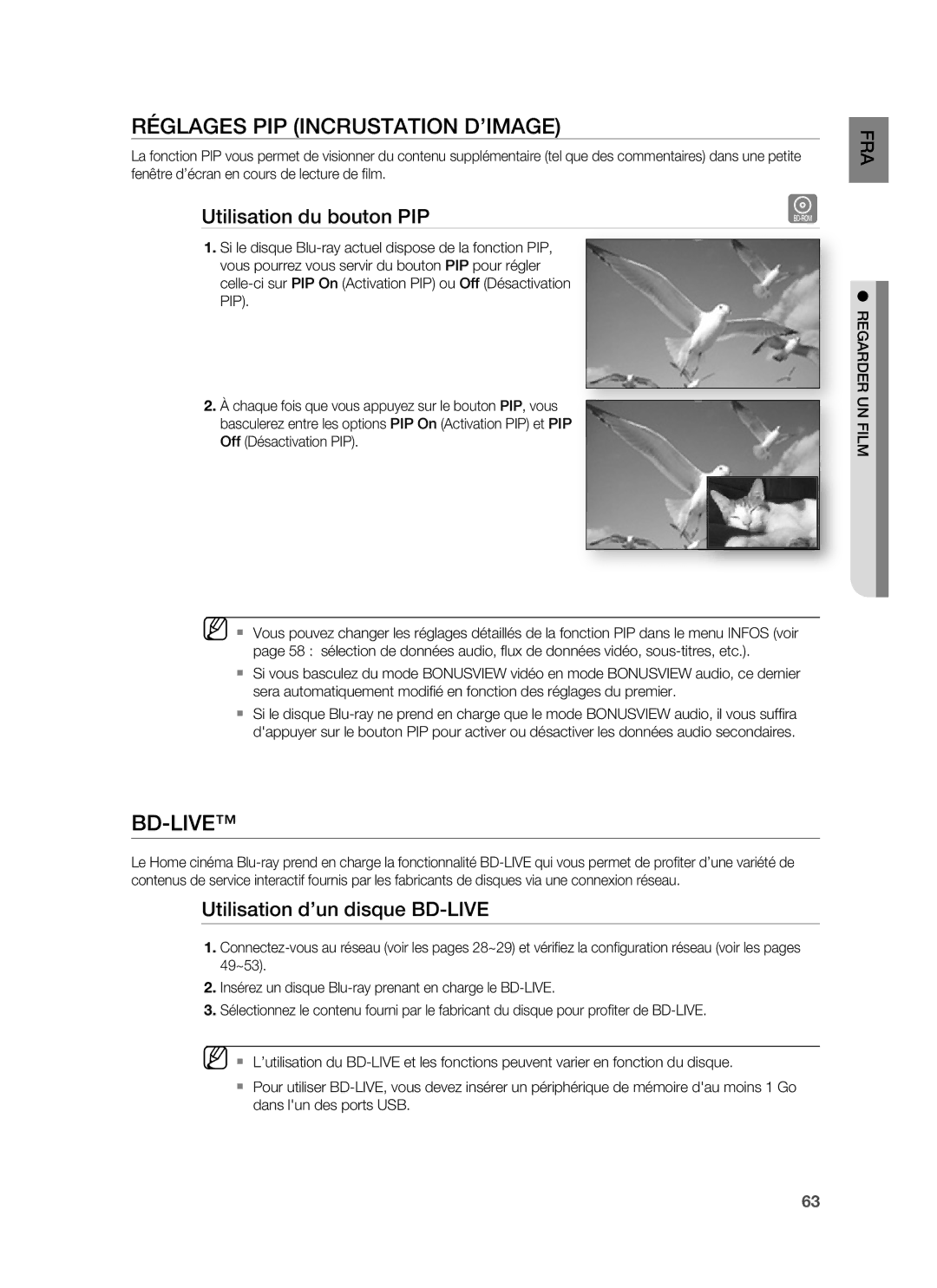 Samsung HT-BD1220R/XEF manual Réglages PIP Incrustation D’IMAGE, Bd-Live, Utilisation du bouton PIP 