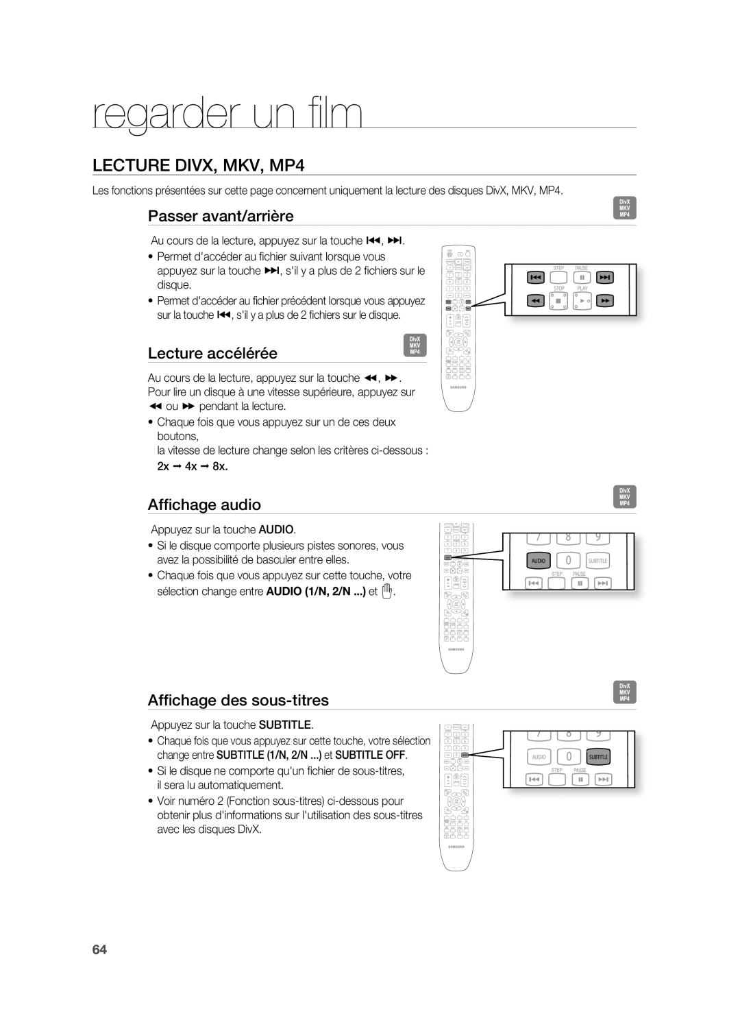 Samsung HT-BD1220R/XEF manual Lecture DIVX, MKV, MP4, Passer avant/arrière, Lecture accélérée, Afﬁchage audio 