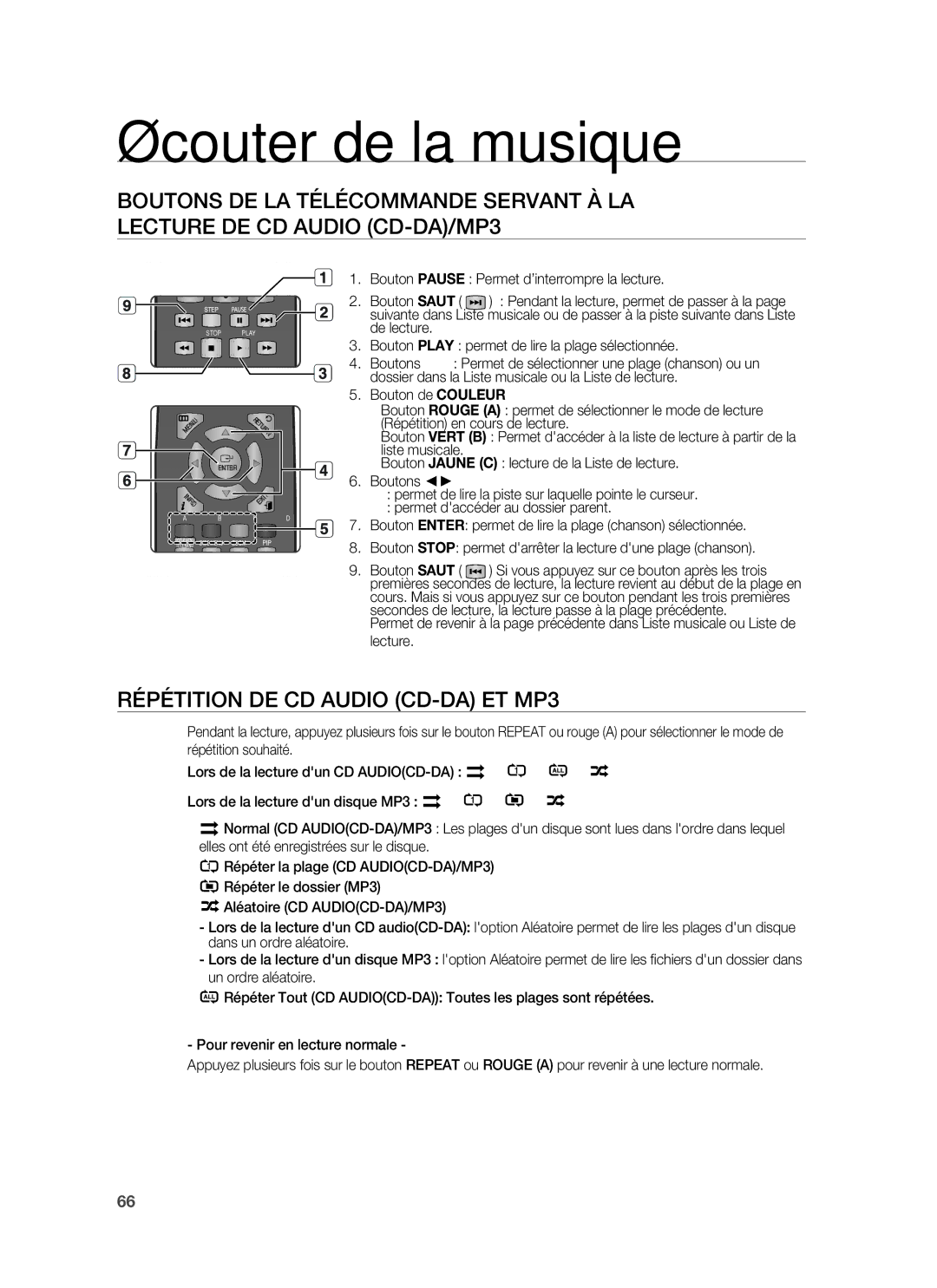 Samsung HT-BD1220R/XEF manual Écouter de la musique, Répétition DE CD Audio CD-DA ET MP3 