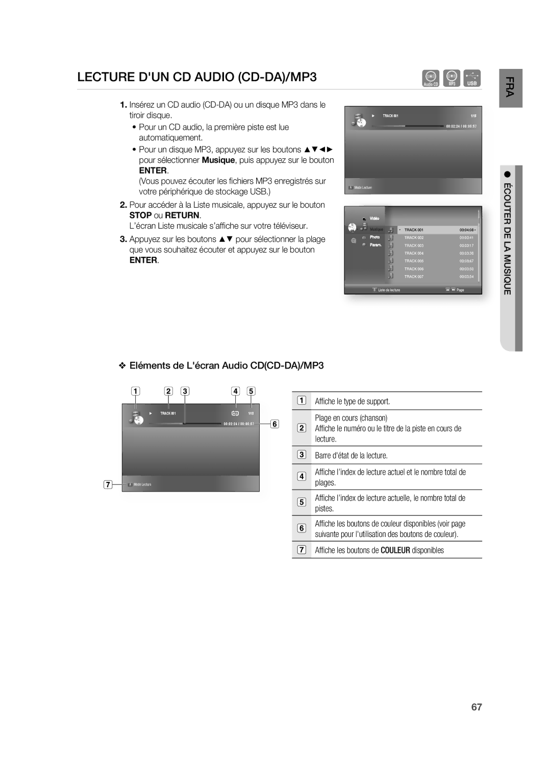 Samsung HT-BD1220R/XEF manual Lecture DUN CD Audio CD-DA/MP3, Eléments de Lécran Audio CDCD-DA/MP3 