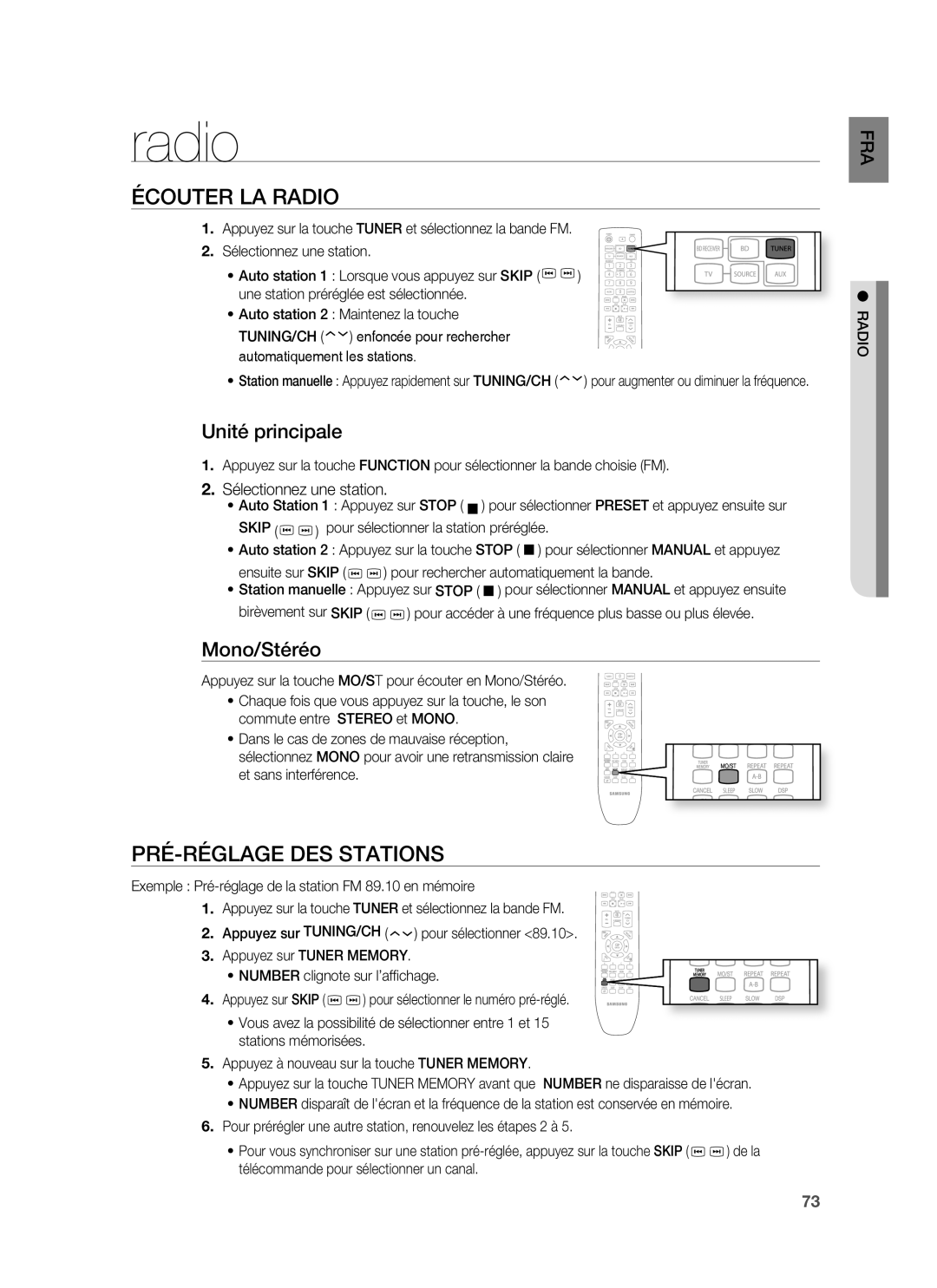 Samsung HT-BD1220R/XEF manual Écouter LA Radio, PRÉ-RÉGLAGE DES Stations, Unité principale, Mono/Stéréo 