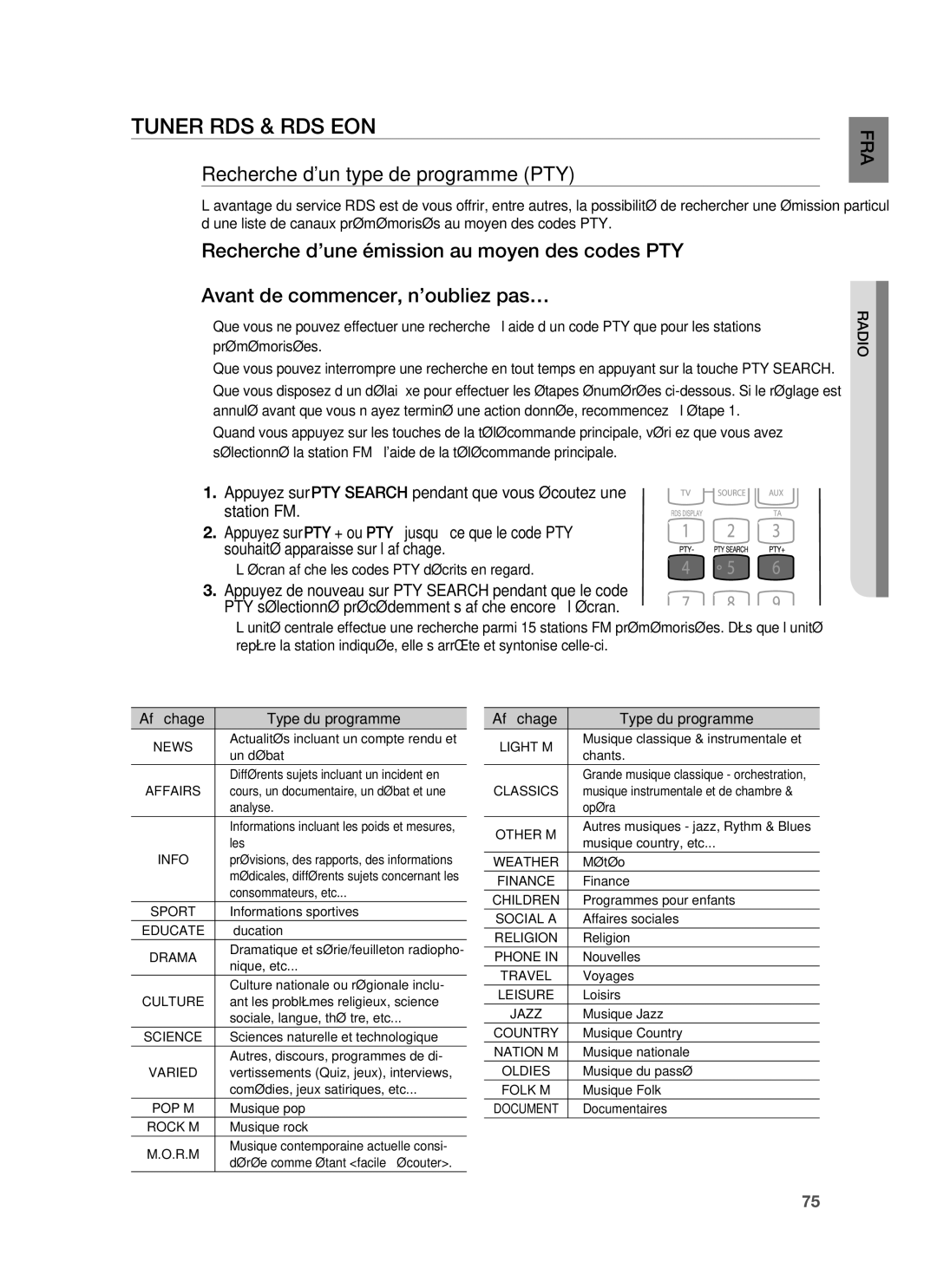 Samsung HT-BD1220R/XEF manual Recherche dun type de programme PTY, ’écran afﬁ che les codes PTY décrits en regard 