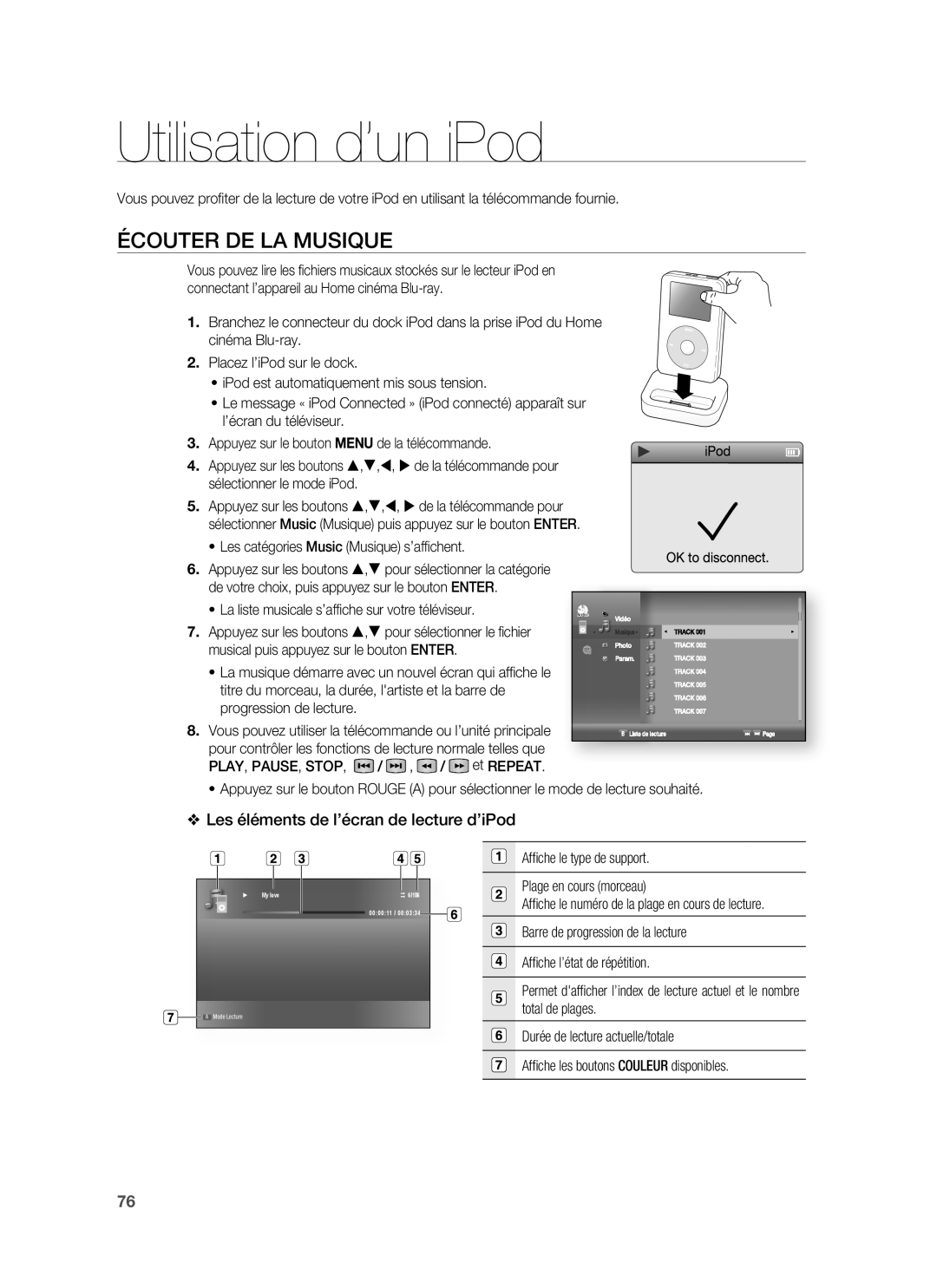 Samsung HT-BD1220R/XEF manual Utilisation d’un iPod, Écouter DE LA Musique, Les éléments de l’écran de lecture d’iPod 