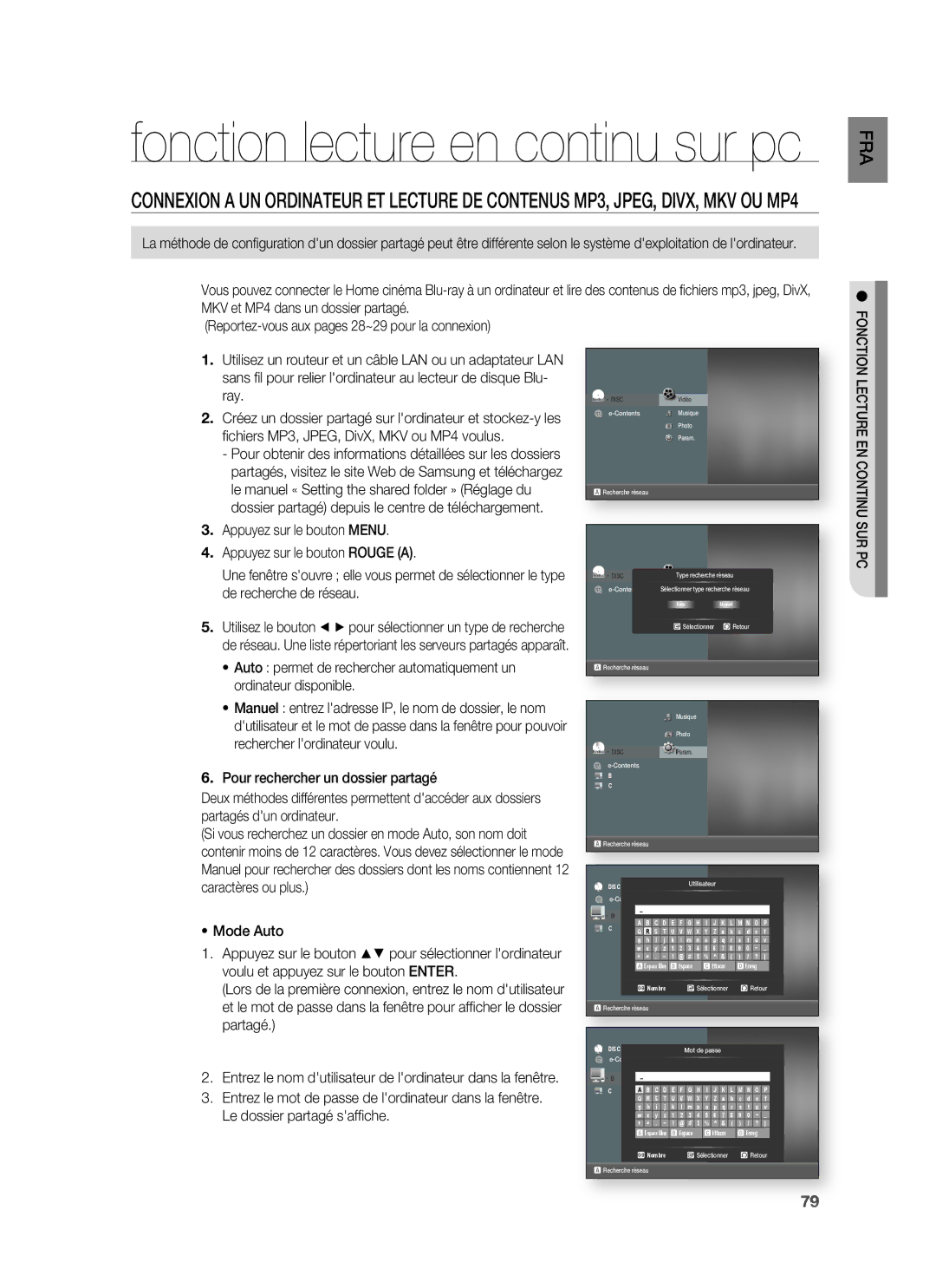 Samsung HT-BD1220R/XEF manual Chiers MP3, JPEG, DivX, MKV ou MP4 voulus, Mode Auto 